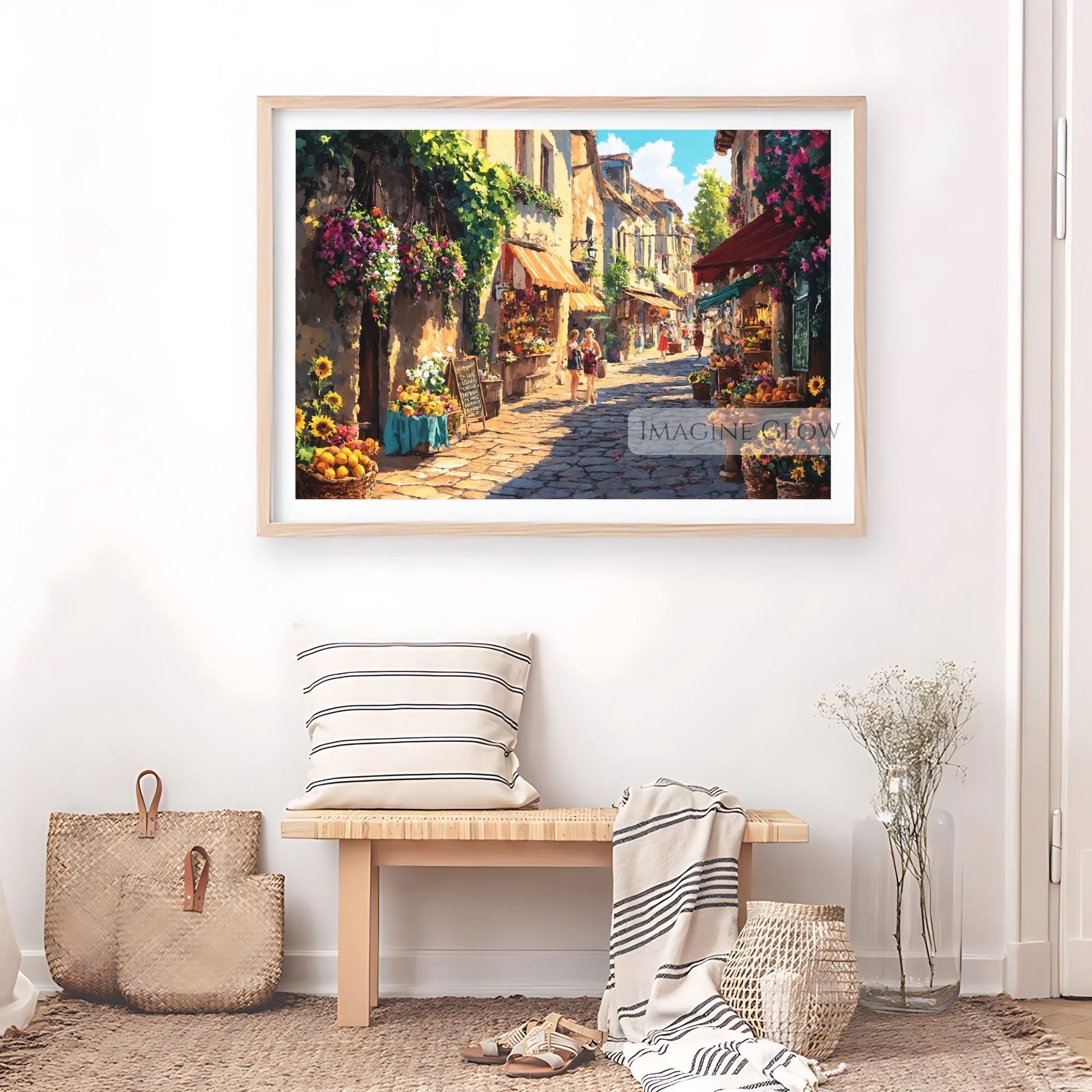 Artistic summer town illustration with colorful blooms and lively streets.