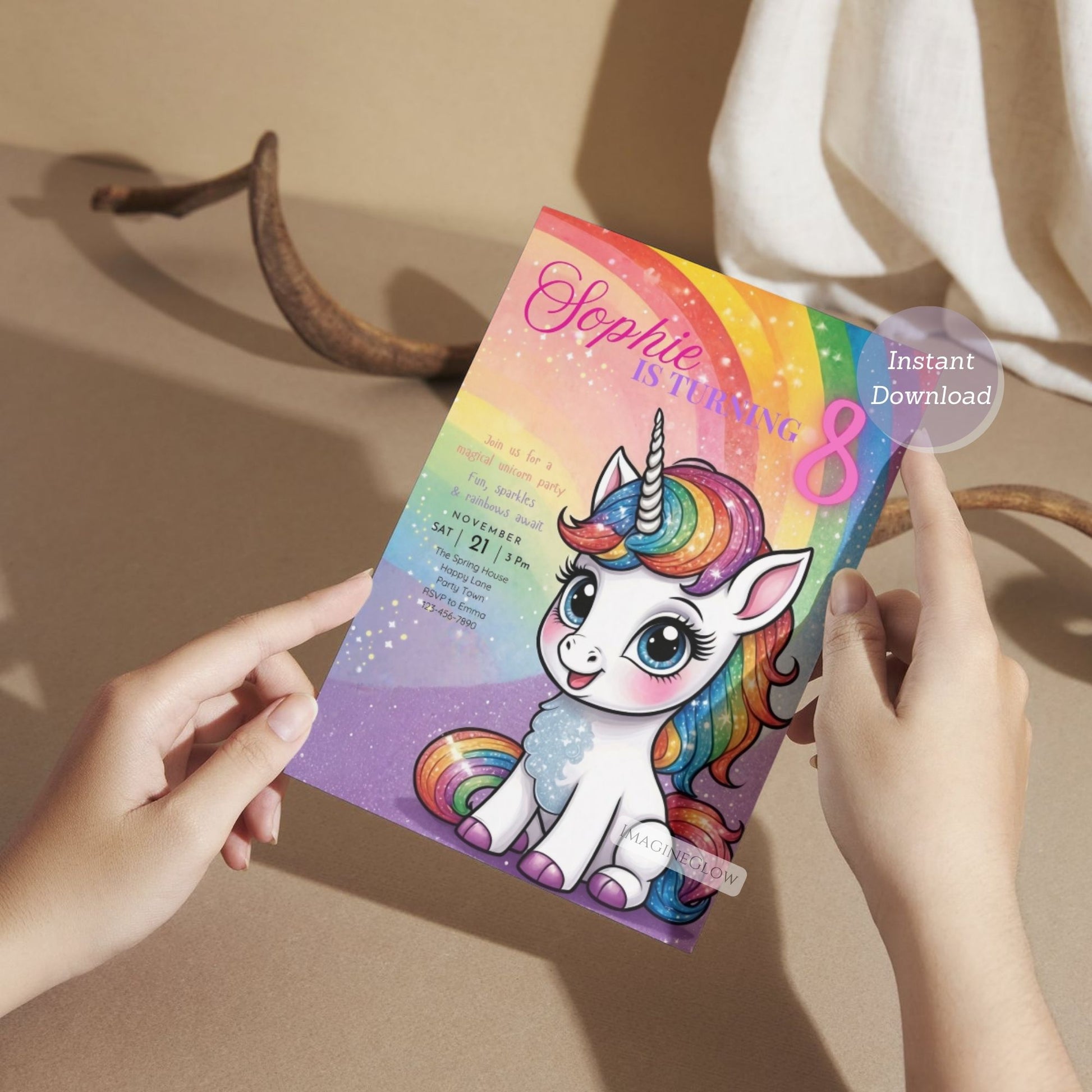 Customizable unicorn birthday invite for a magical party.