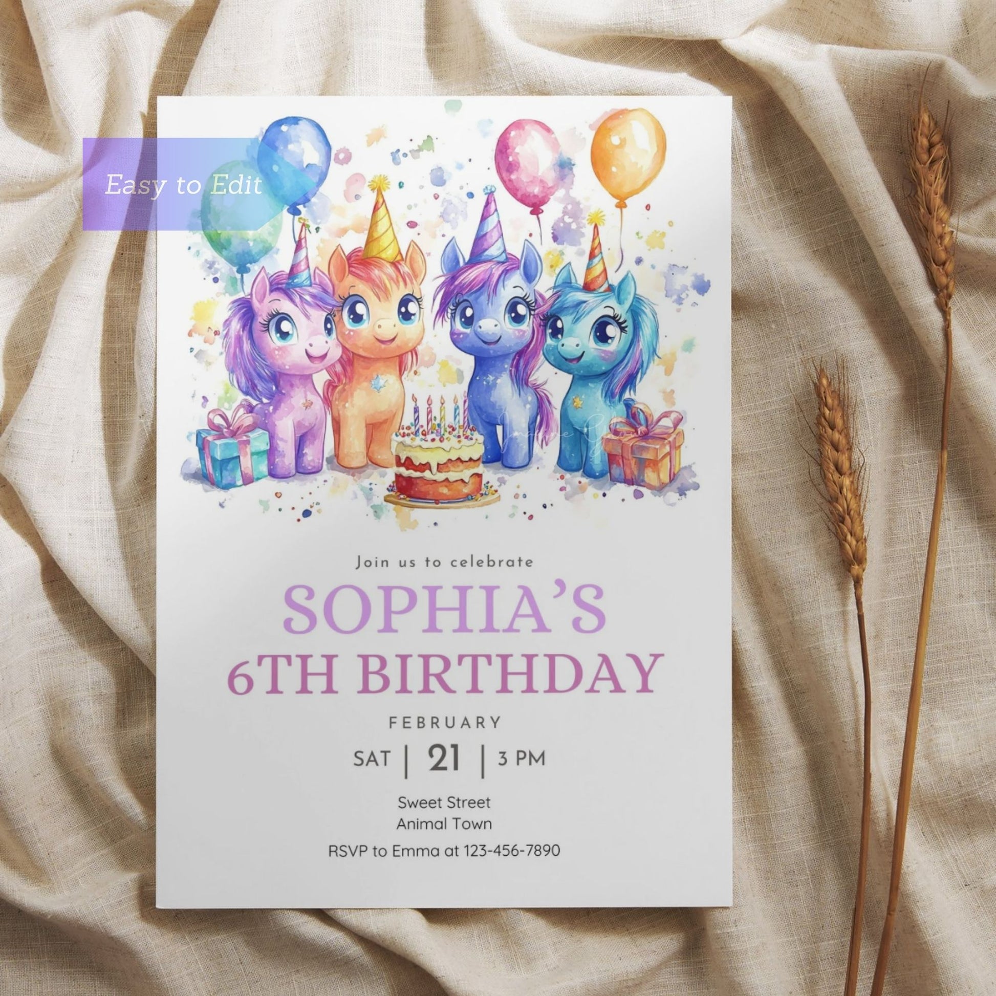 Magical unicorn birthday invite with rainbow theme for kids and girls.