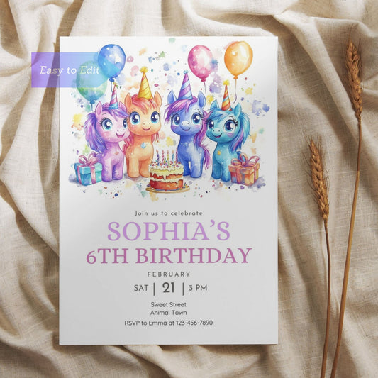 Magical unicorn birthday invite with rainbow theme for kids and girls.