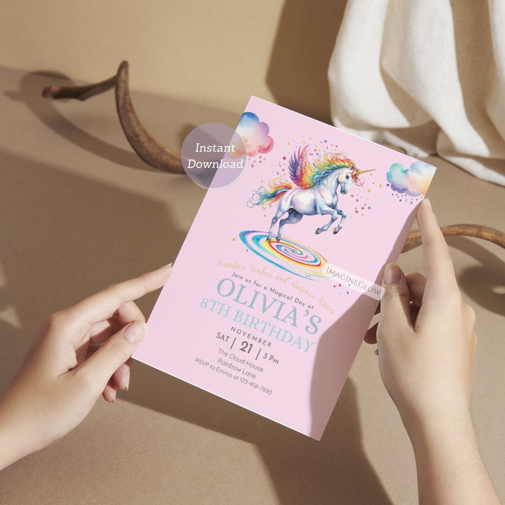 Fantasy unicorn-themed birthday party card.