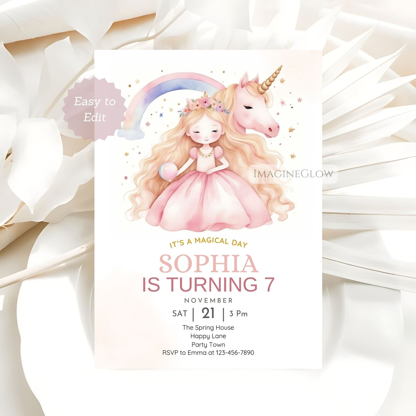 Fairy tale unicorn princess birthday party invite