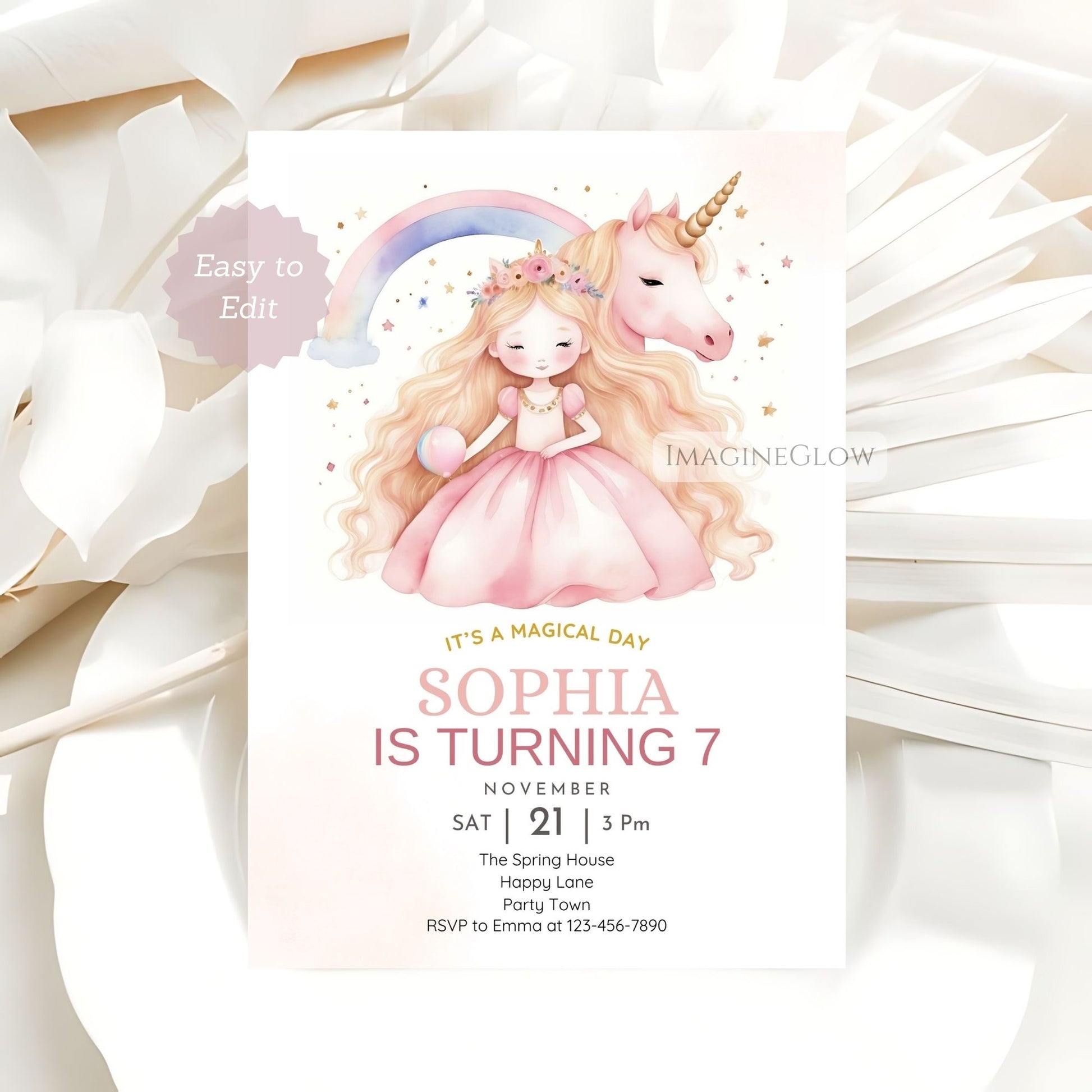 Fairy tale unicorn princess birthday party invite