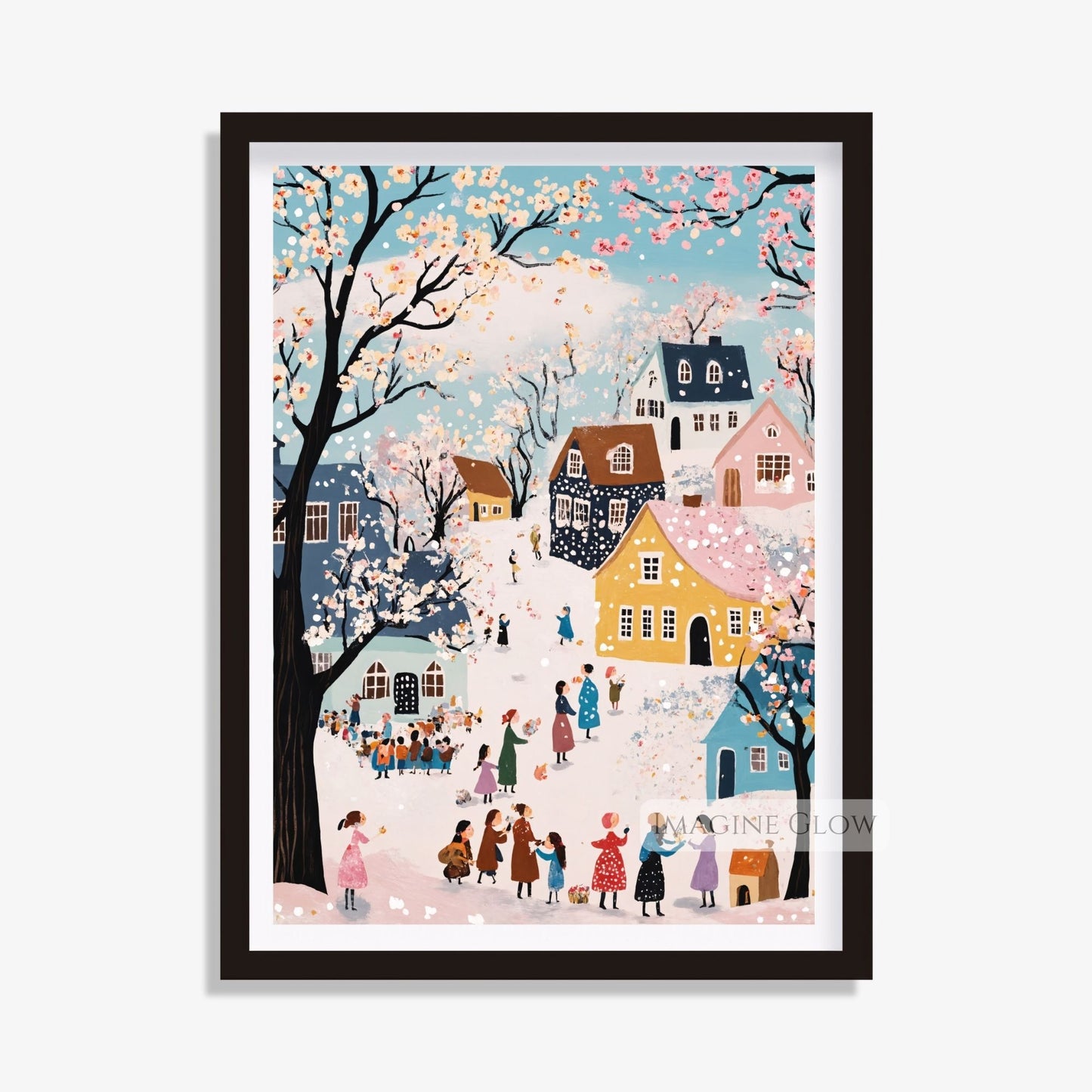 Whimsical town illustration with pastel houses, cherry blossoms, and snow.