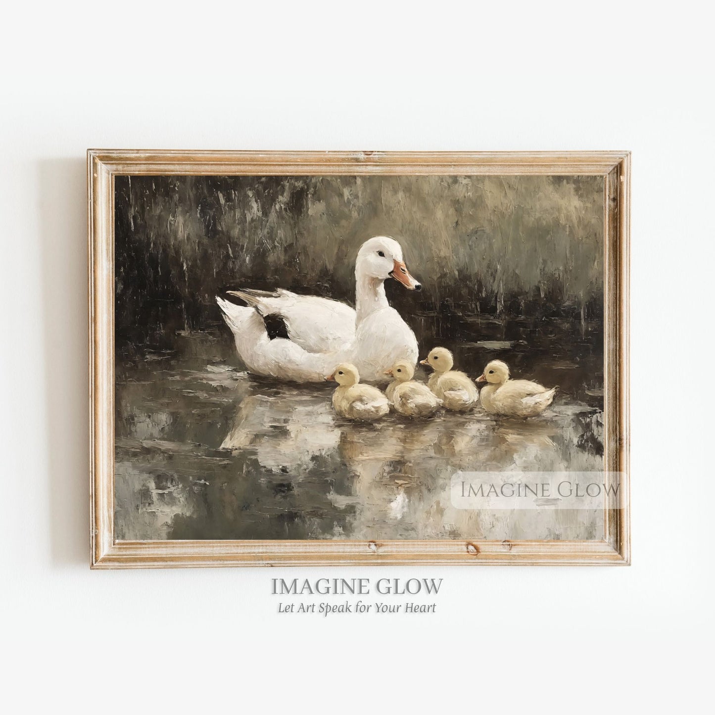 Vintage painting of a white duck and ducklings in a pond
