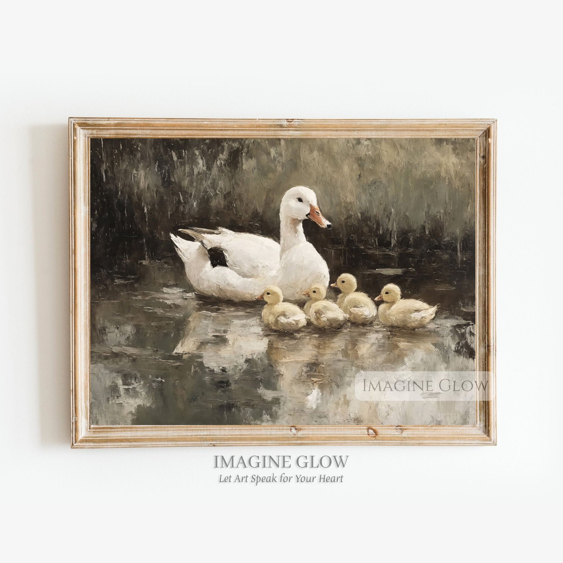 Vintage painting of a white duck and ducklings in a pond