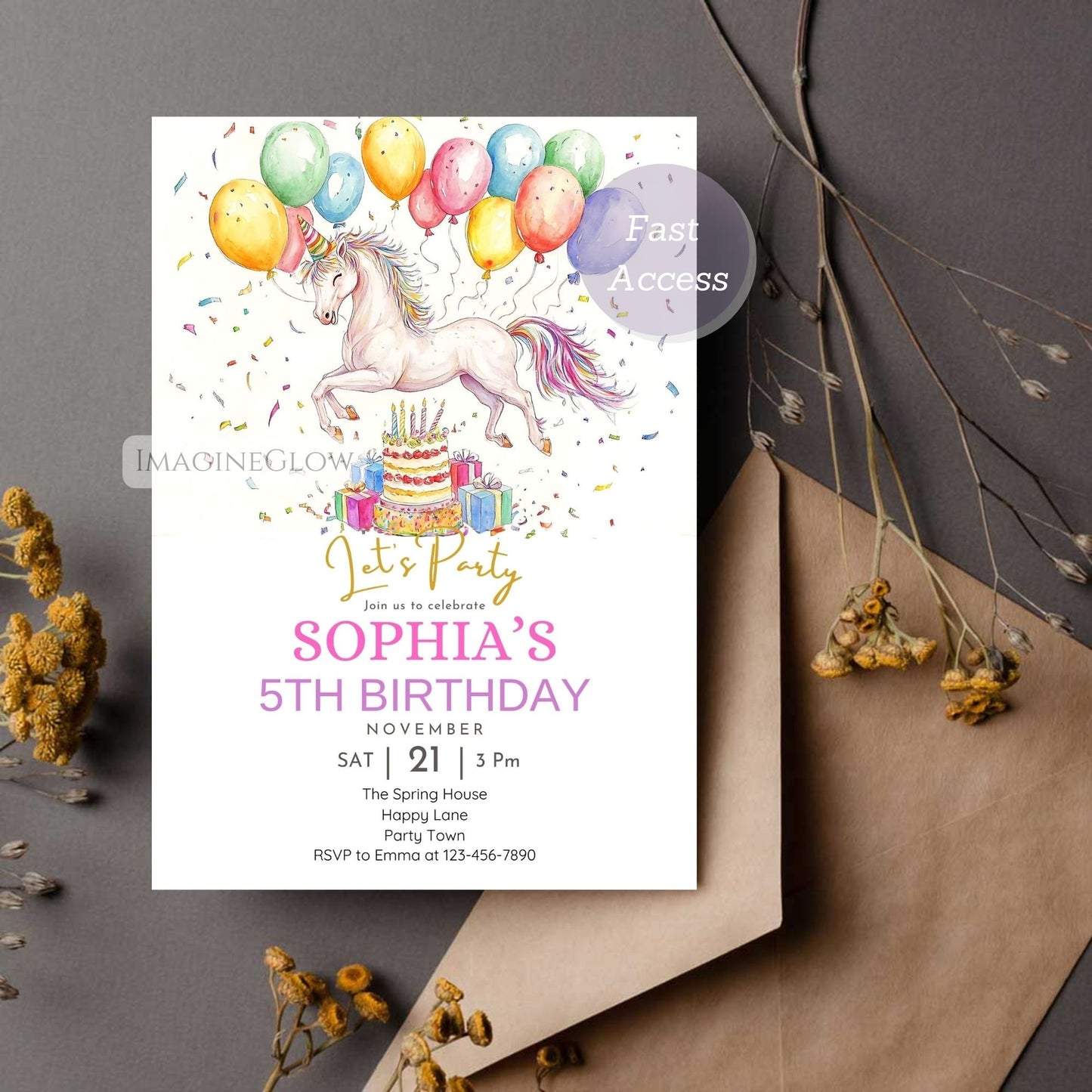 Beautiful white horse themed birthday party invite