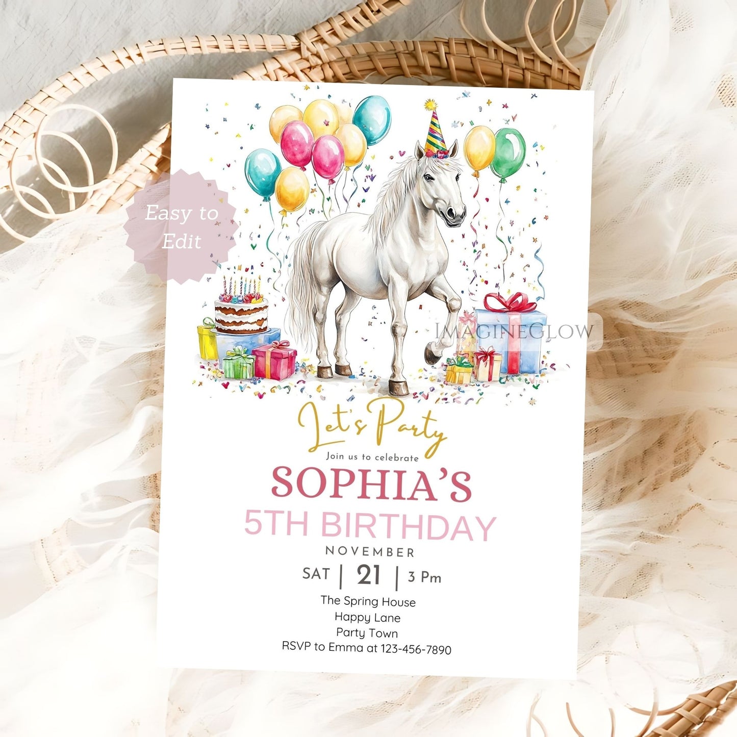 White Horse Birthday Invitation - Cowgirl Party Invite