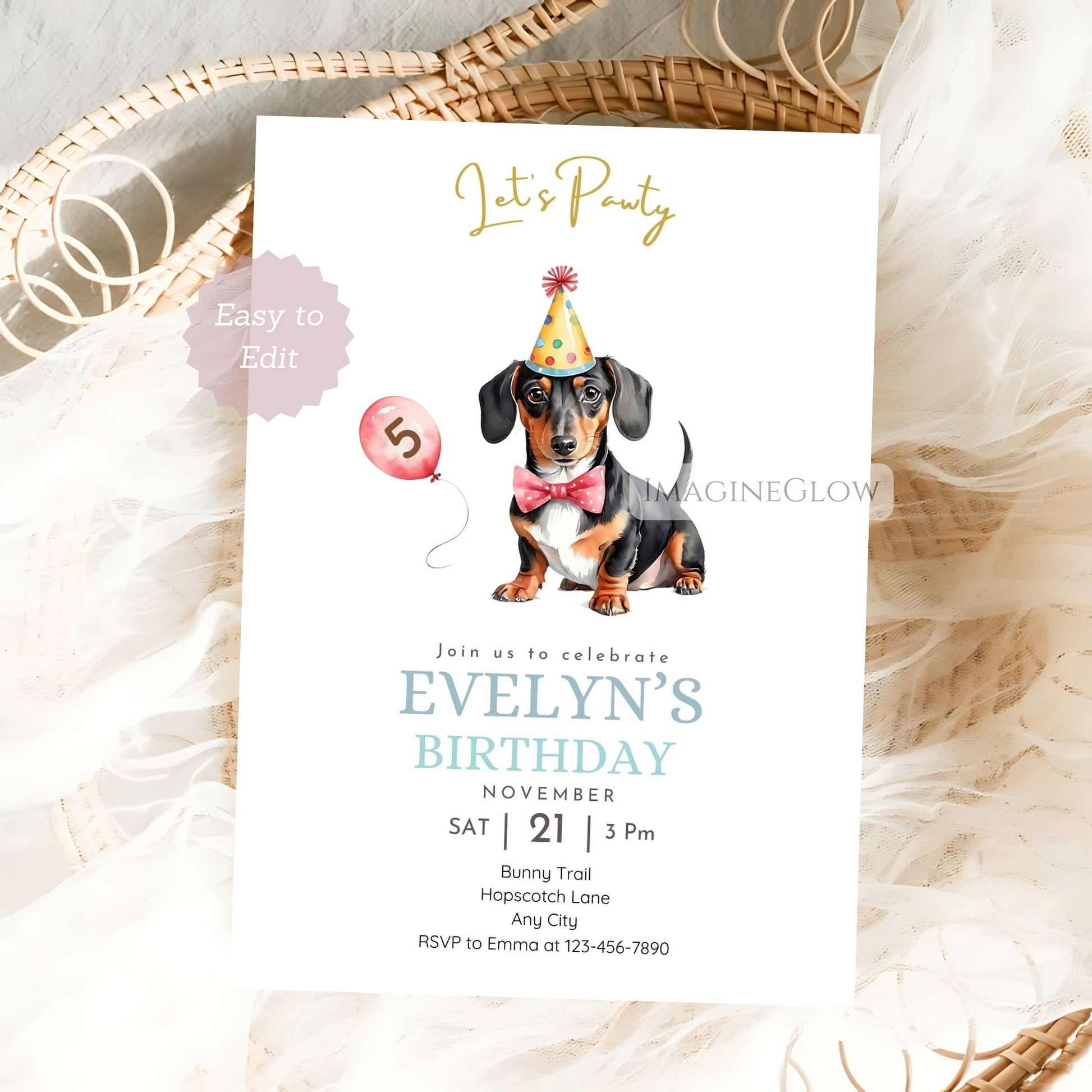 Cute dachshund themed birthday party invitation editable