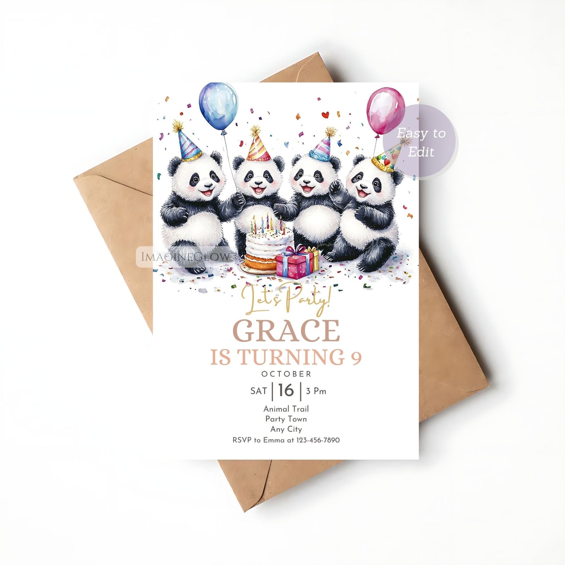 Panda Birthday Invitation - Cute Jungle Safari Theme