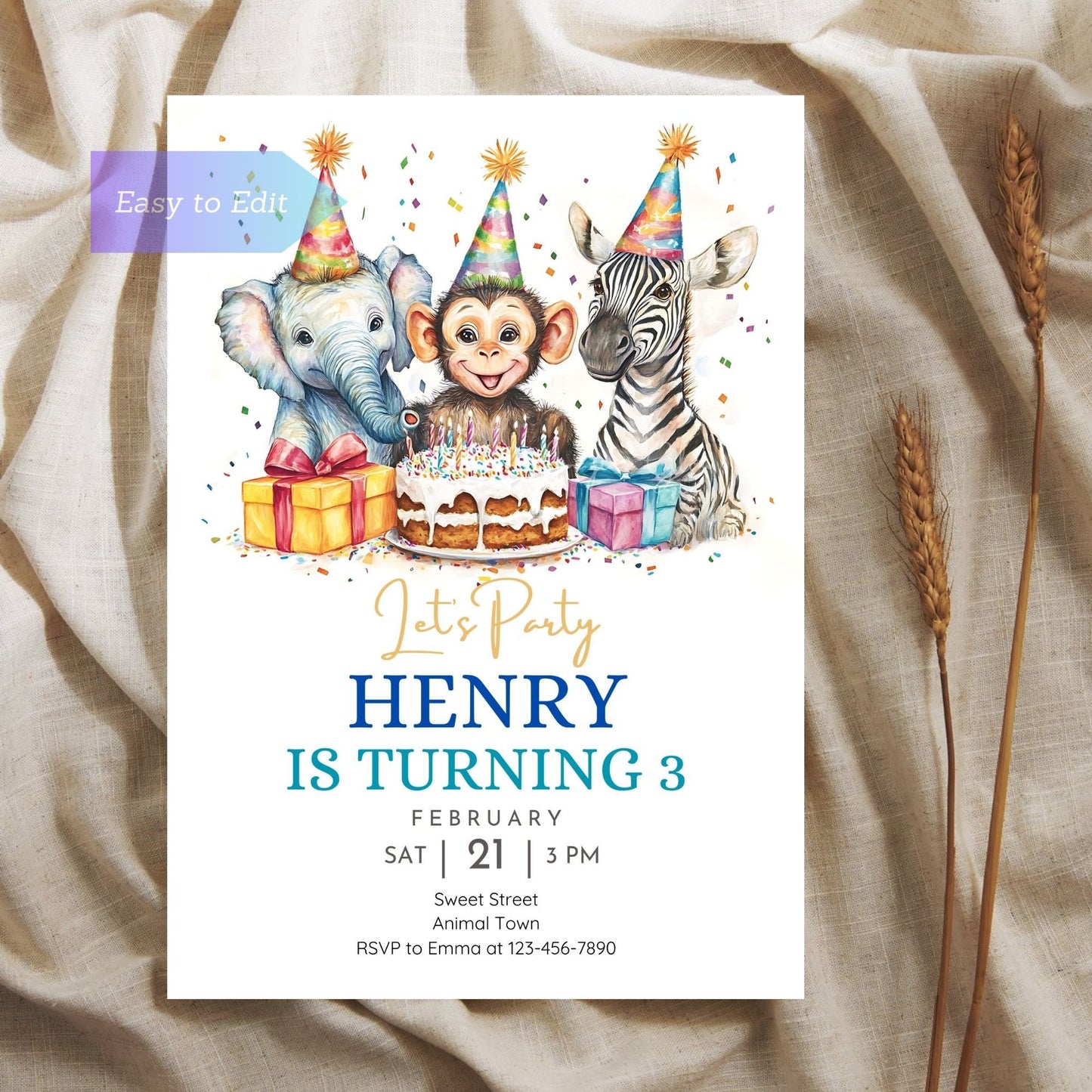 Jungle safari party invitation featuring wild animals for kids' celebration.