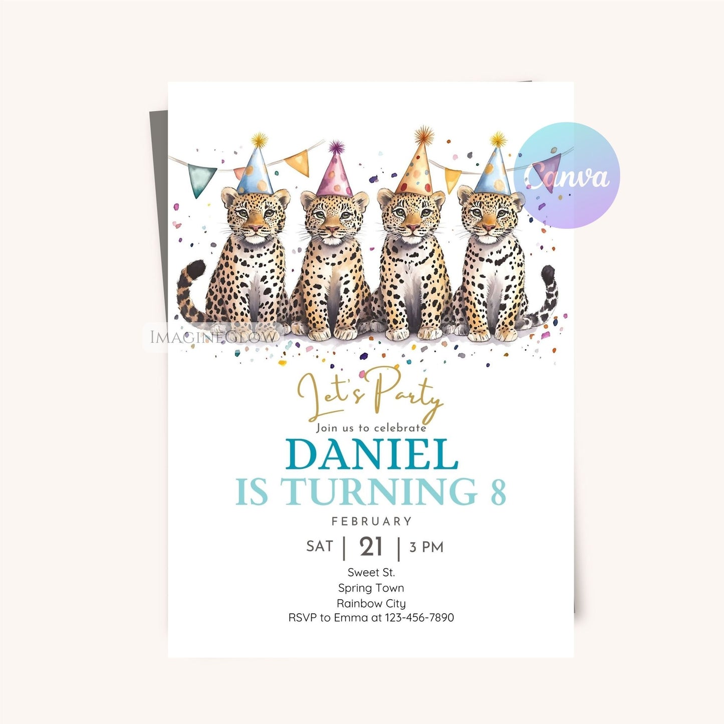 Cheetah party invitation with balloons and festive decor.