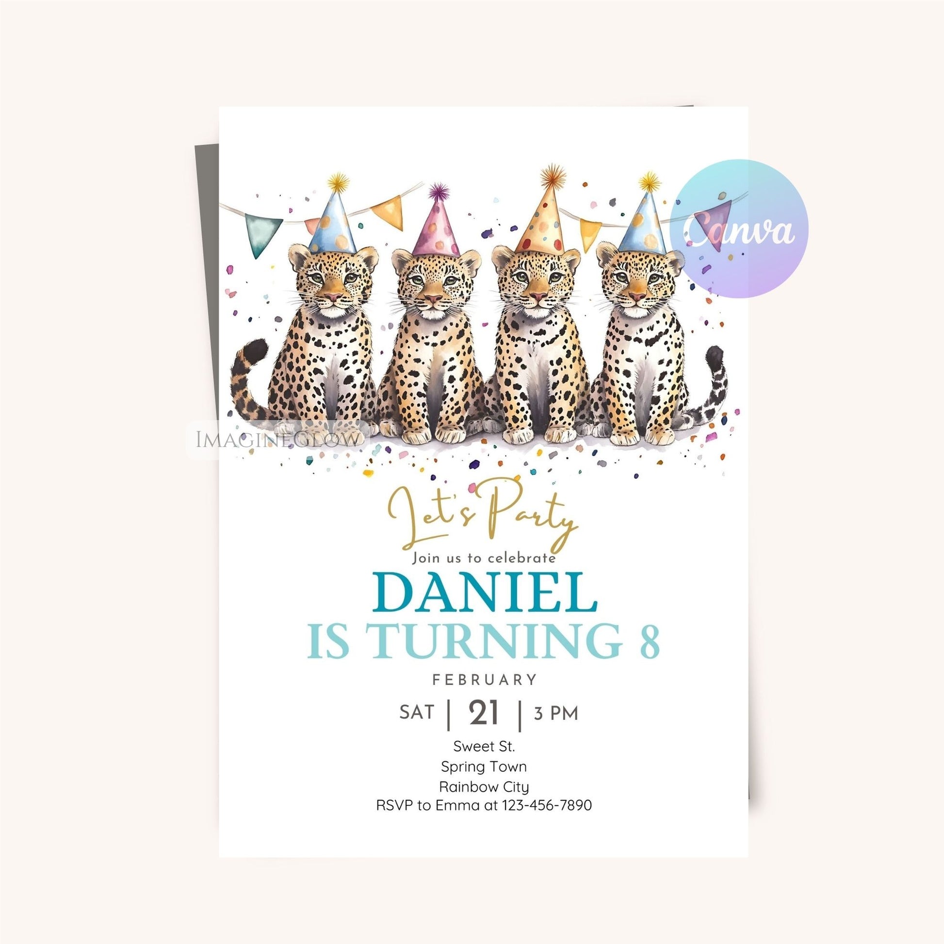 Cheetah party invitation with balloons and festive decor.