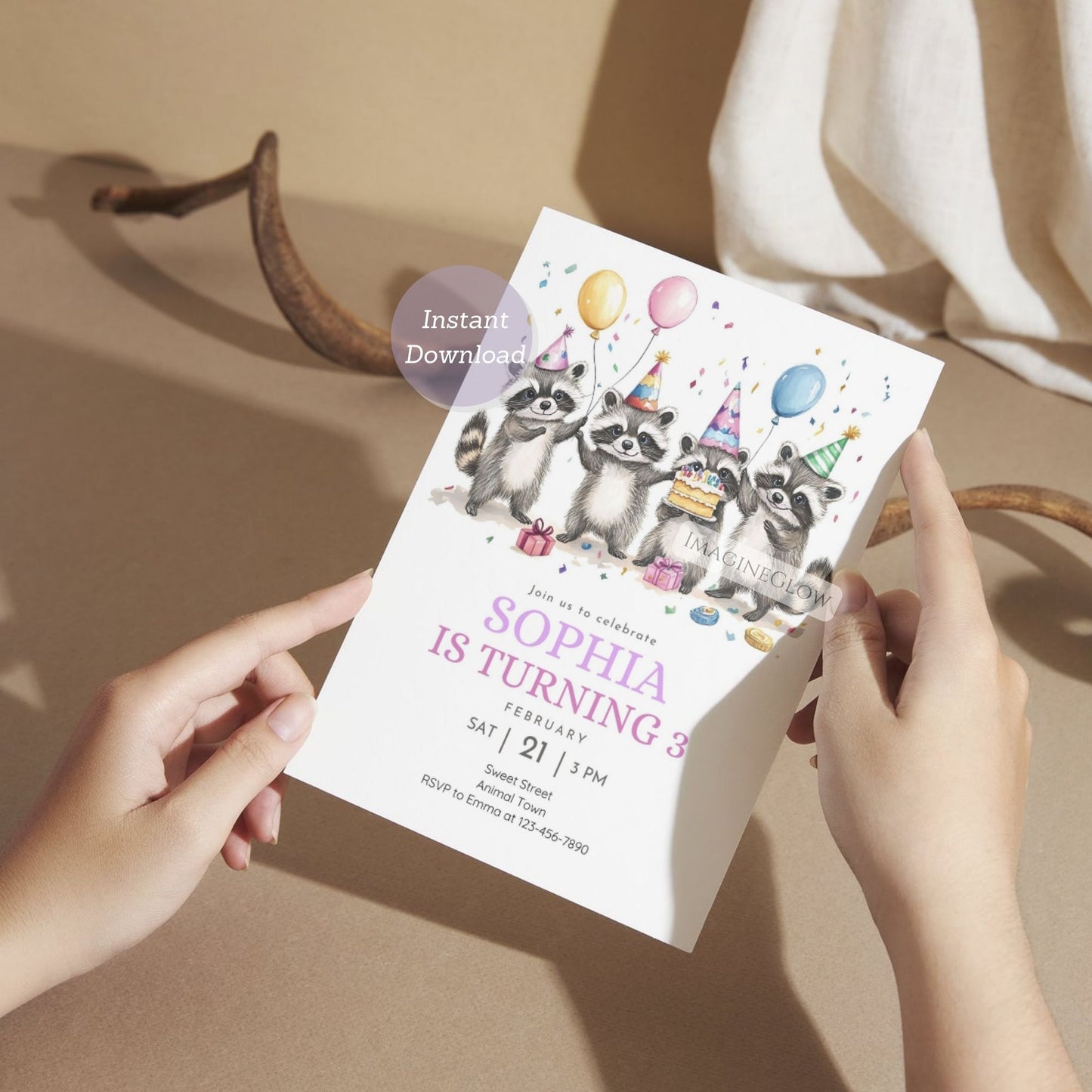 Raccoon Birthday Invitation - Woodland Animal Party Invite