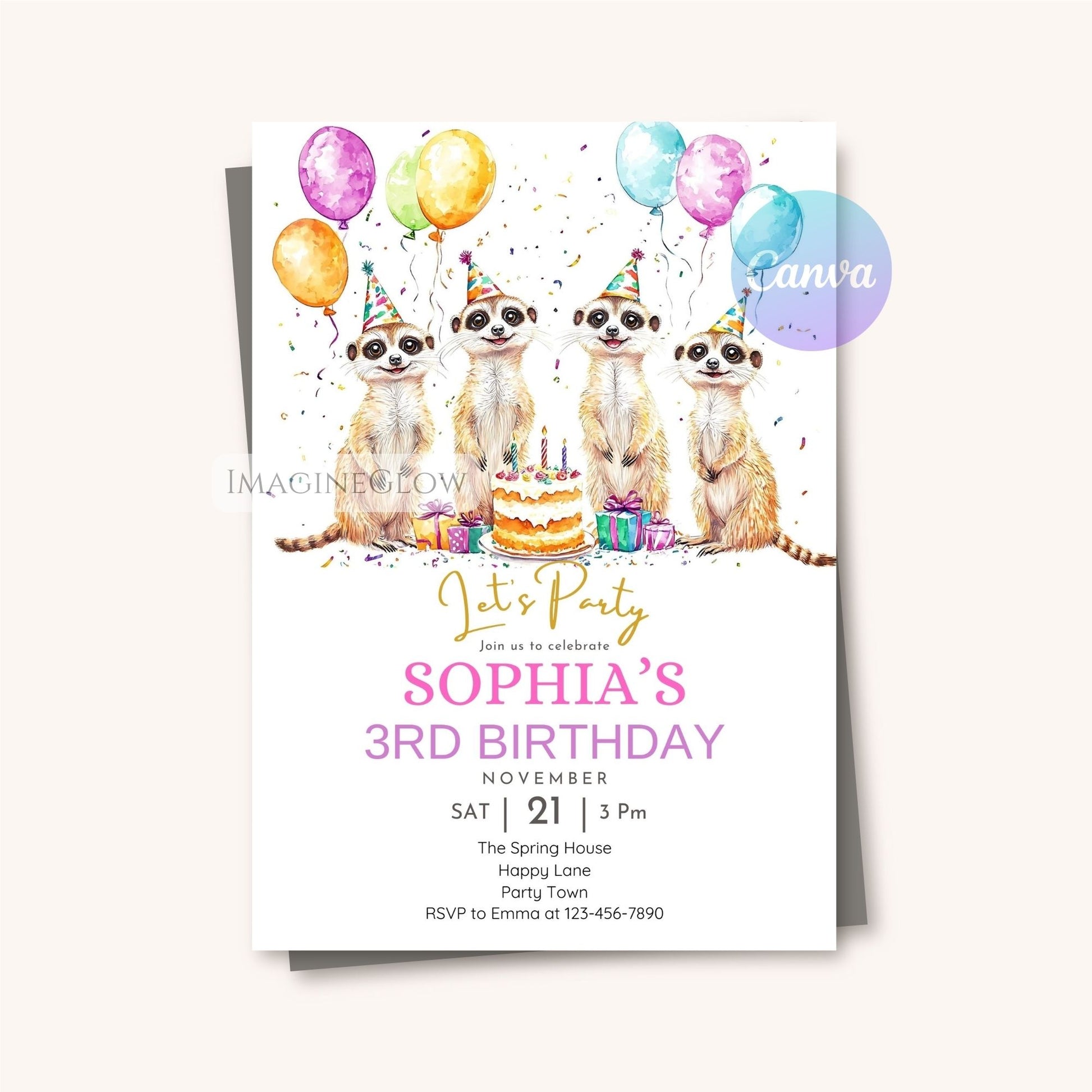 Boys or girls animal party invitation meerkat
