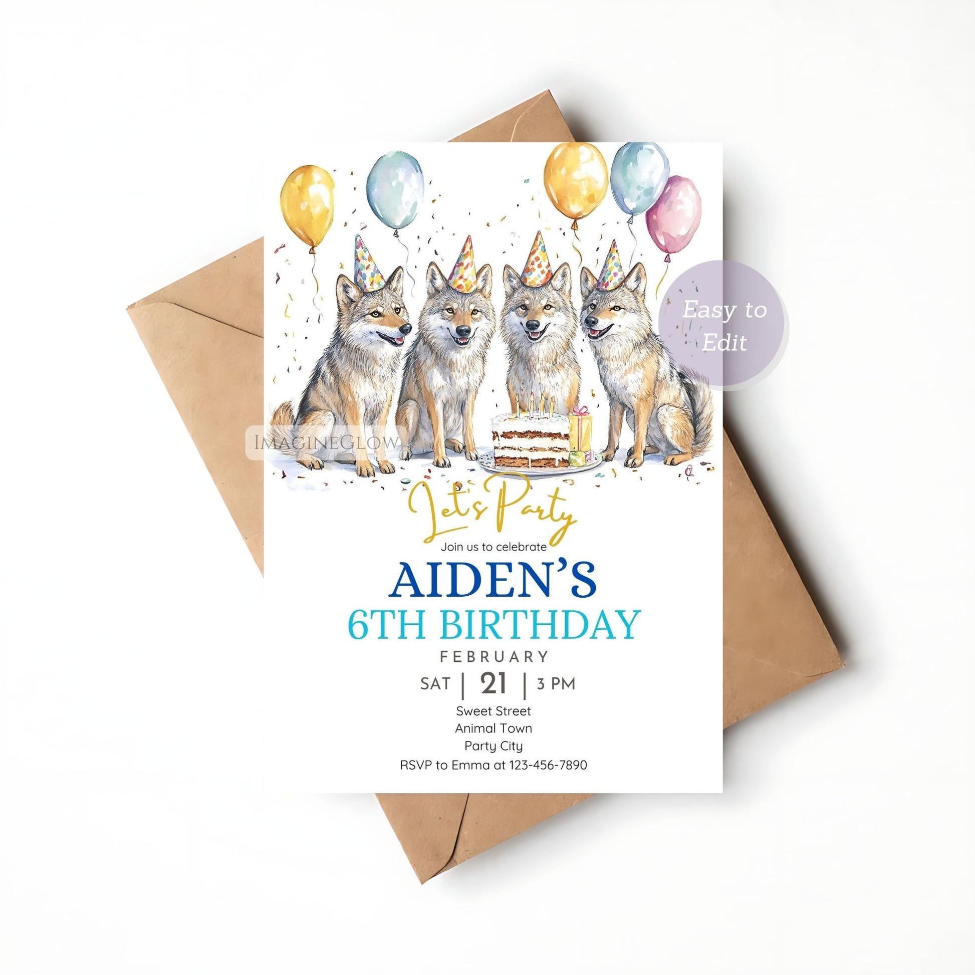 Editable wolf-themed birthday invite
Outdoor adventure party invitation