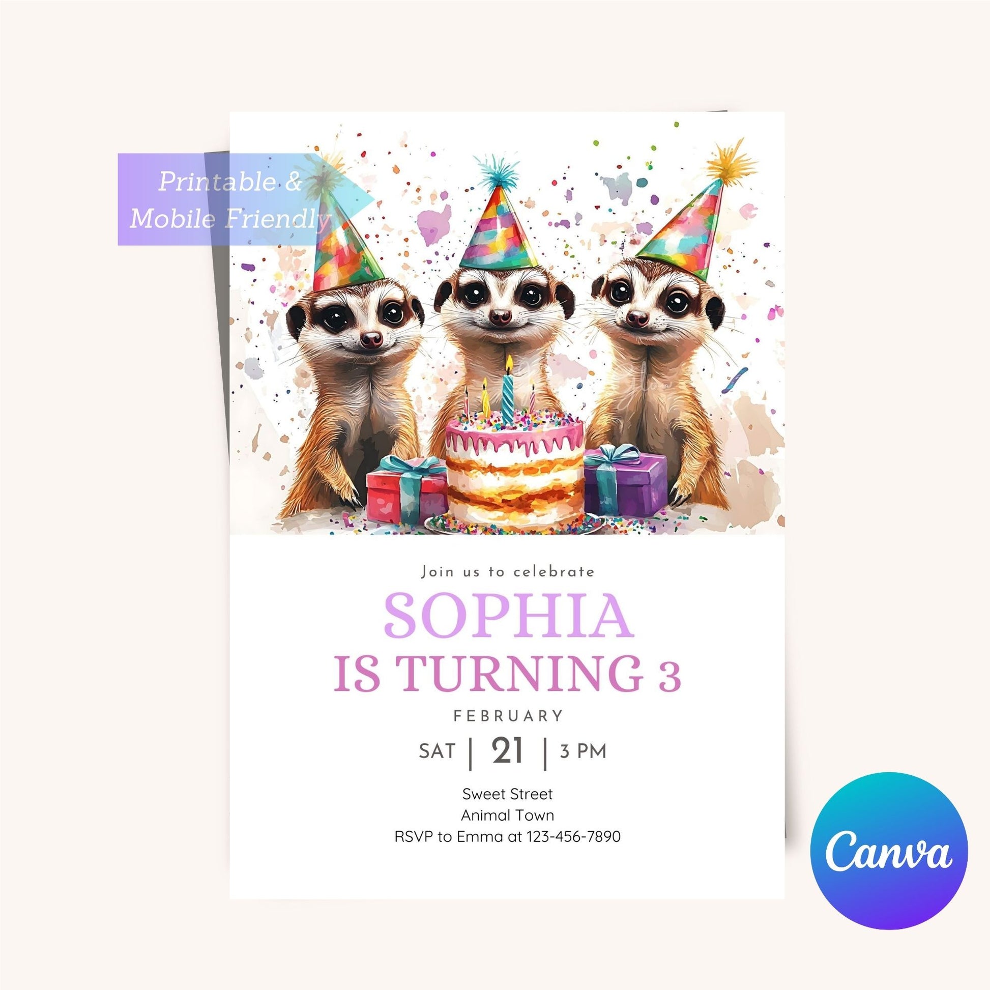 Printable meerkat birthday party invite with safari theme.
Wild animal birthday invitation featuring playful meerkat design.