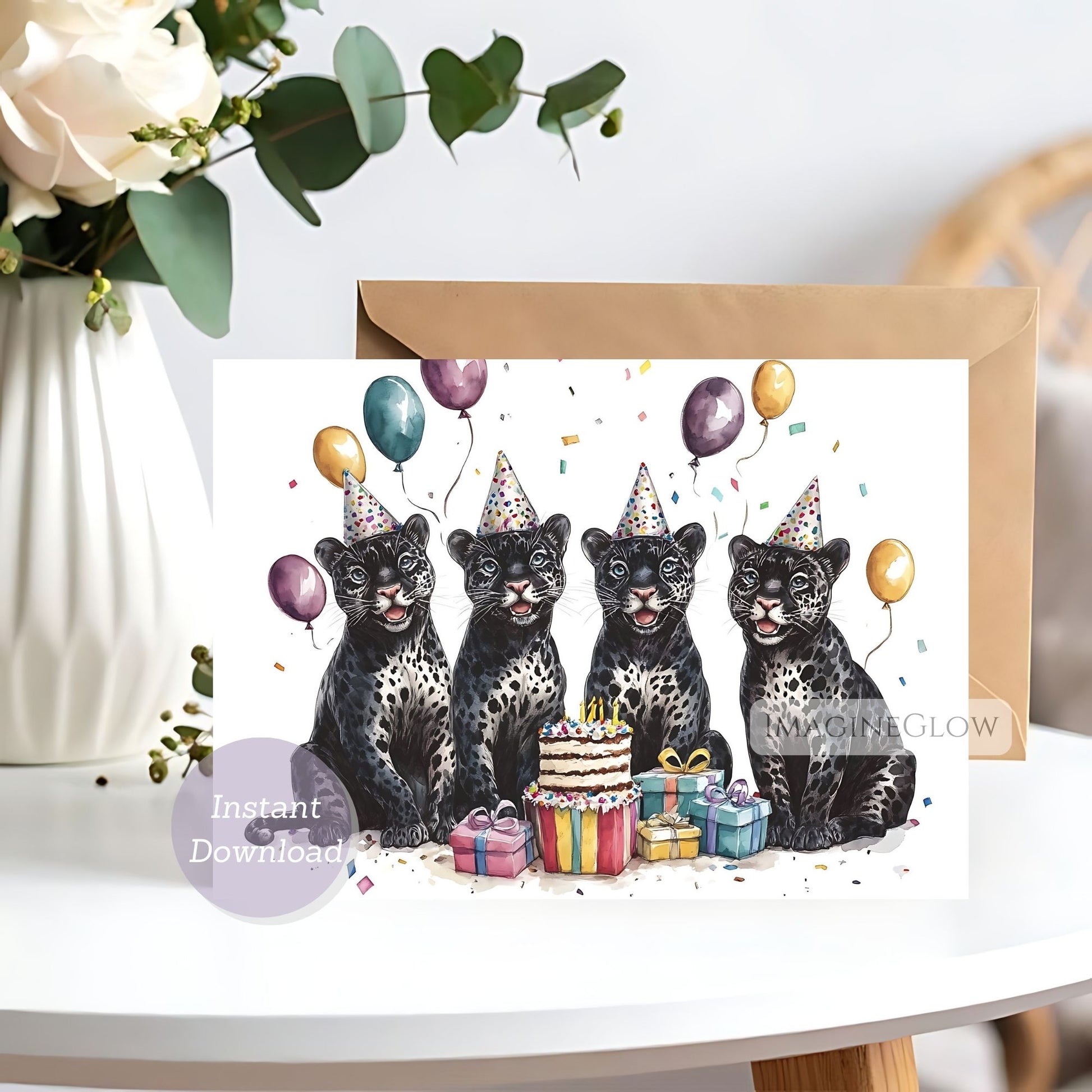 Birthday card with four black panthers wearing party hats and balloons on a white surface.