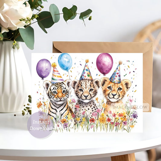 Greeting card with three baby leopards wearing party hats and balloons on a white surface.