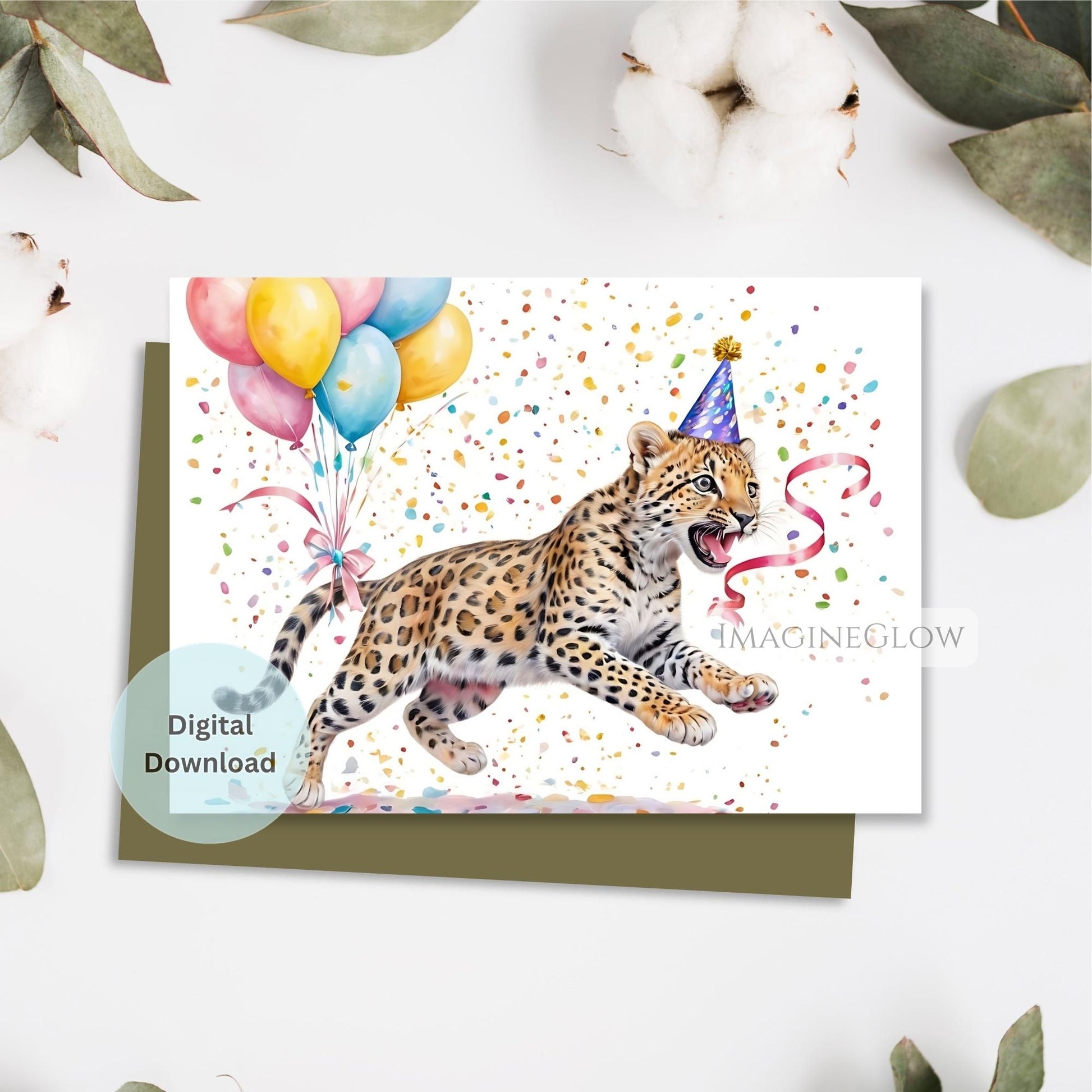 Birthday card with a leopard wearing a party hat on a white background with cotton and leaves.