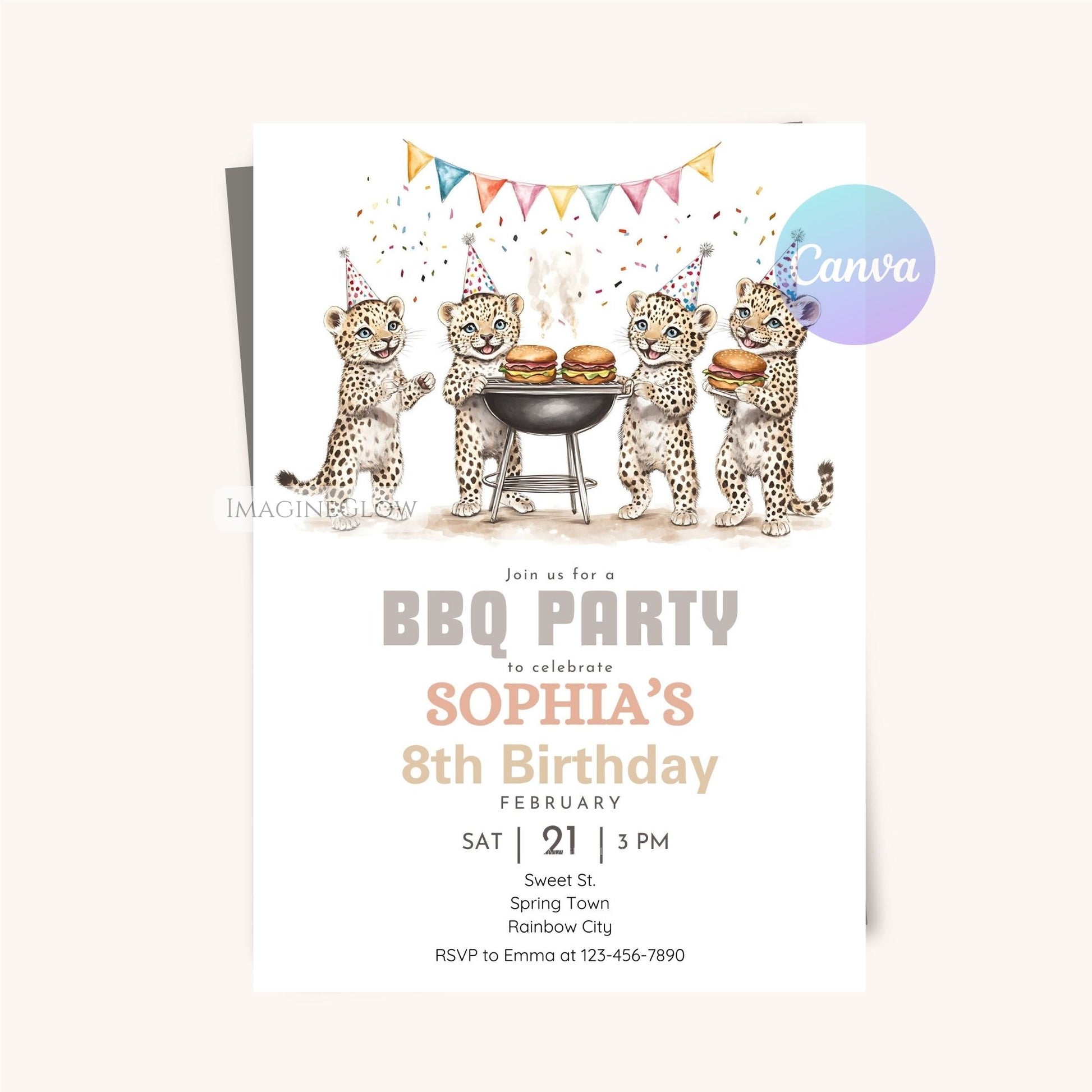 Fun wild animal BBQ party invite featuring a cheetah grilling.