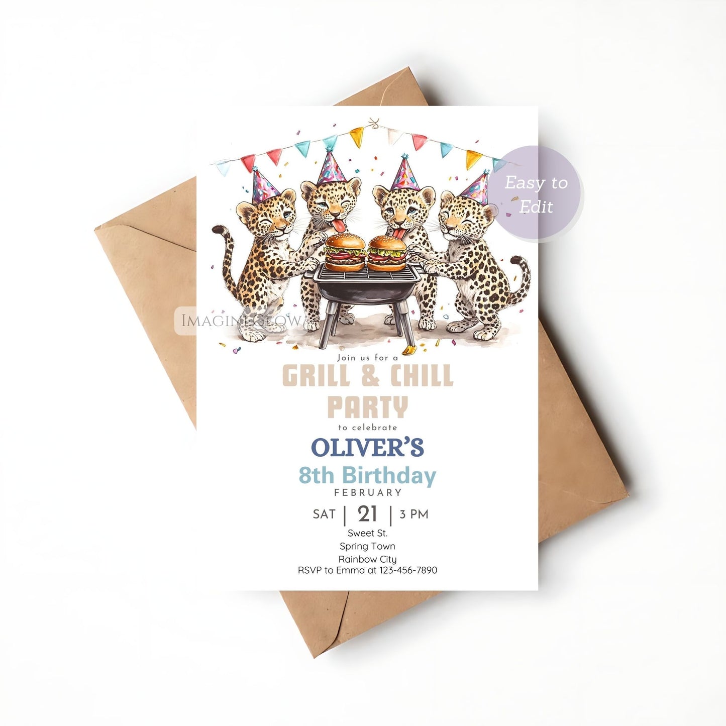 Printable leopard-themed invitation for a jungle BBQ party.