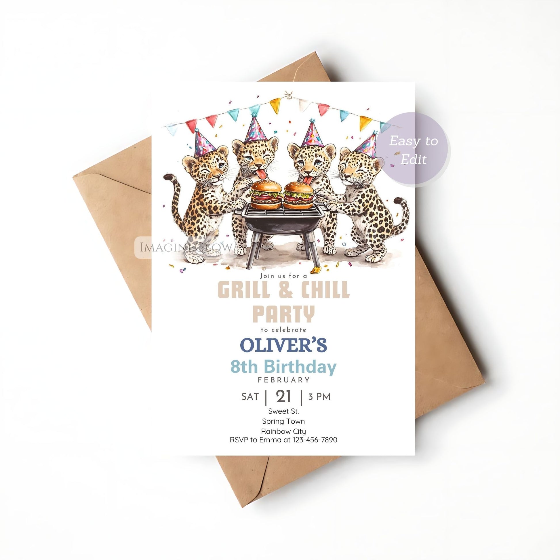 Printable leopard-themed invitation for a jungle BBQ party.