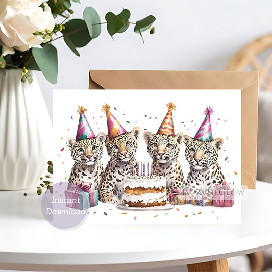 Birthday card with leopards wearing party hats and a cake