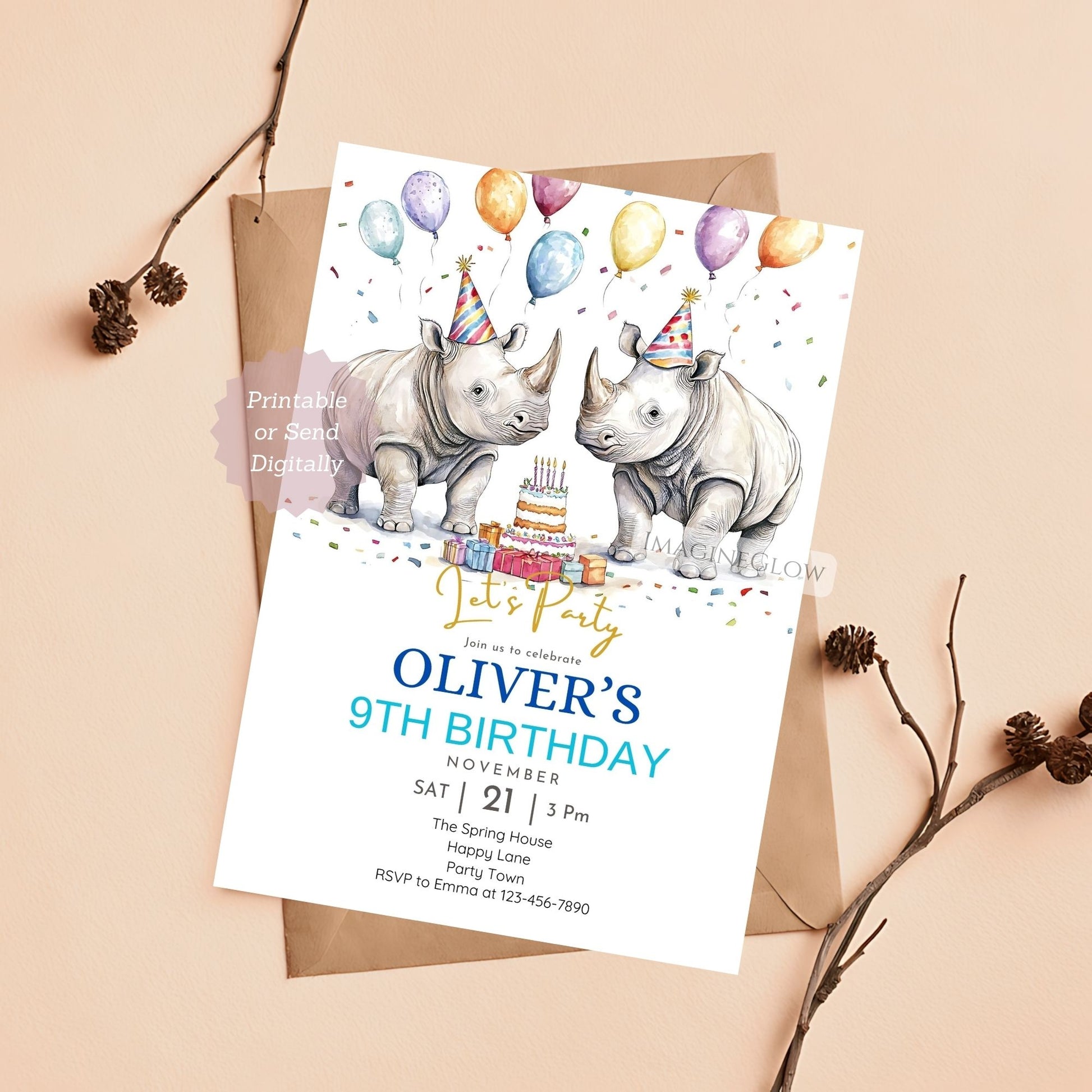 Digital Rhino Birthday Party Invitation - Editable