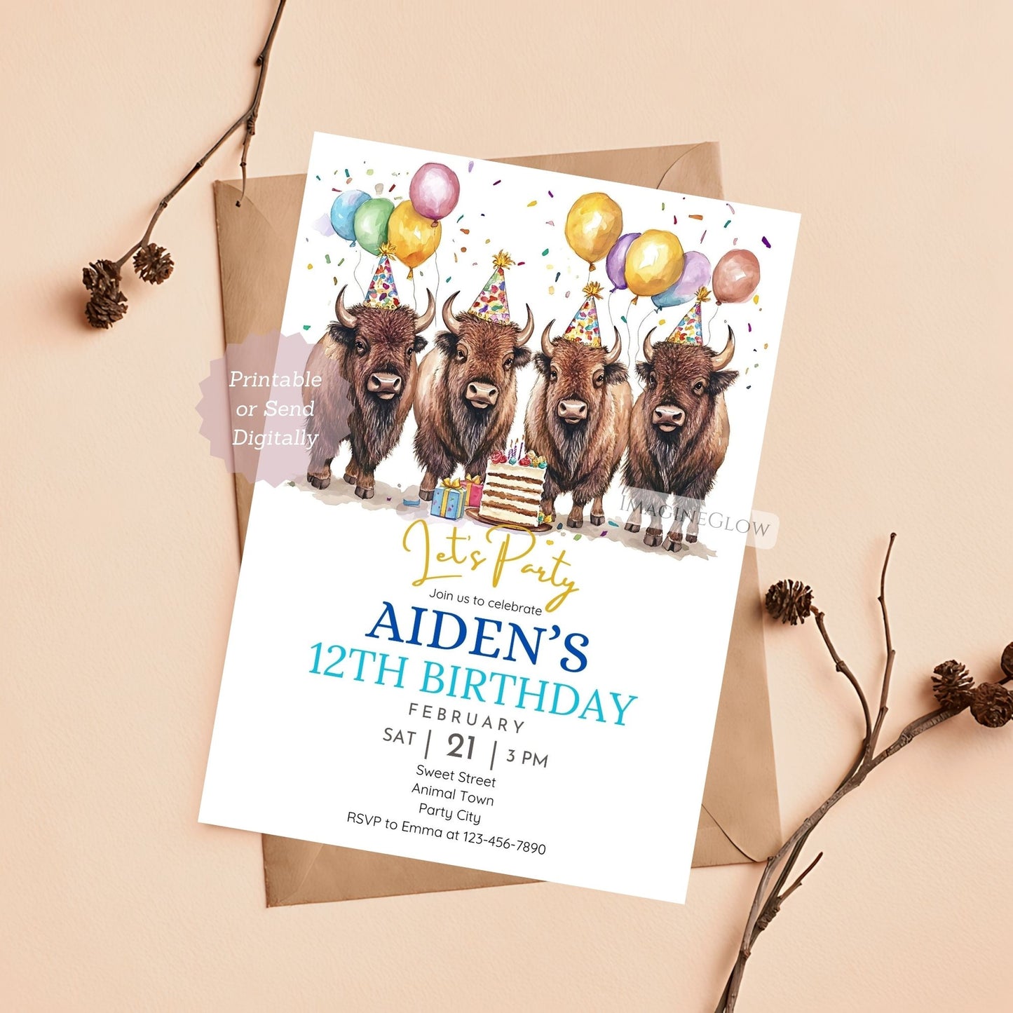 Rustic prairie animal birthday party invitation
Frontier-style bison birthday invitation