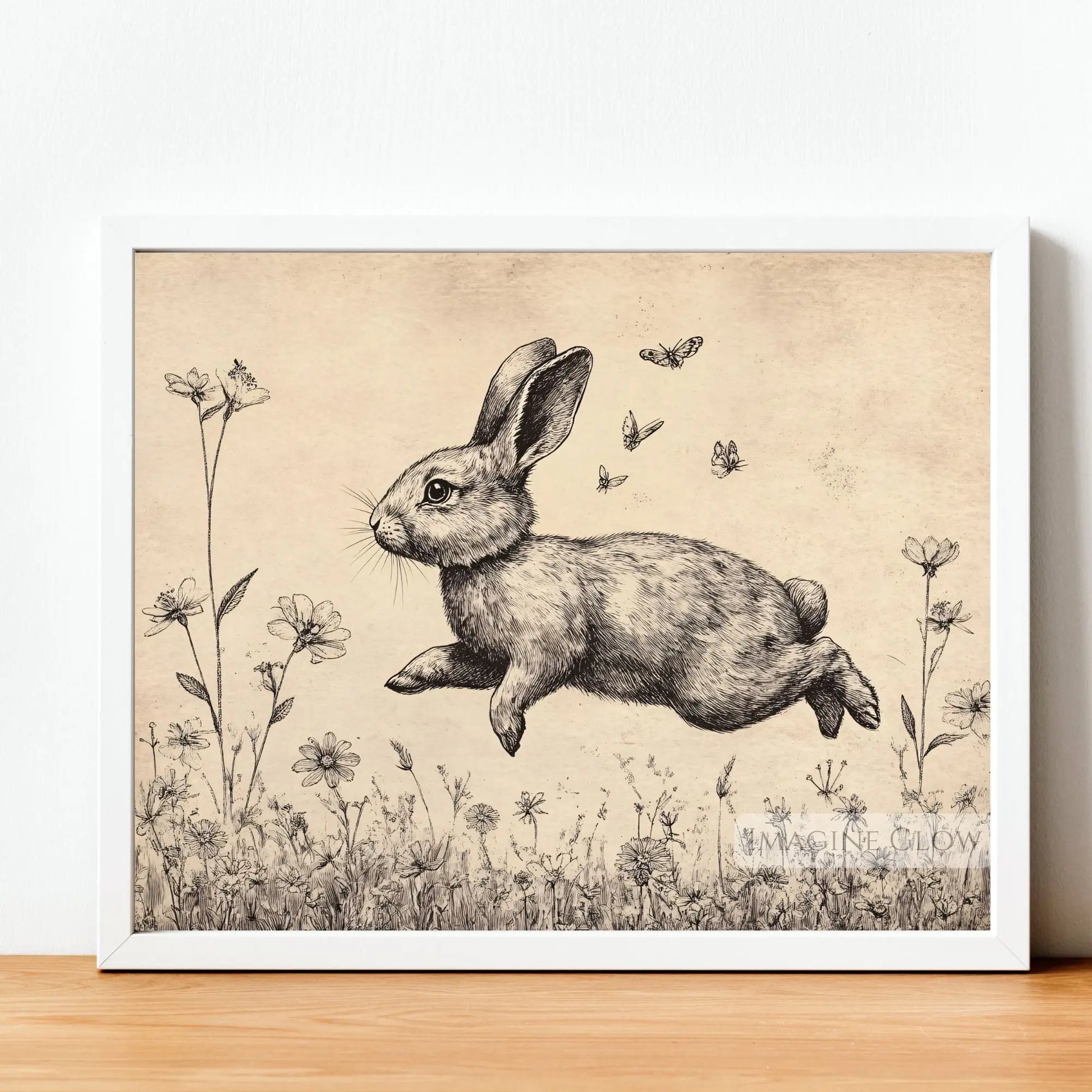Bunny and wildflower vintage art for farmhouse homes.