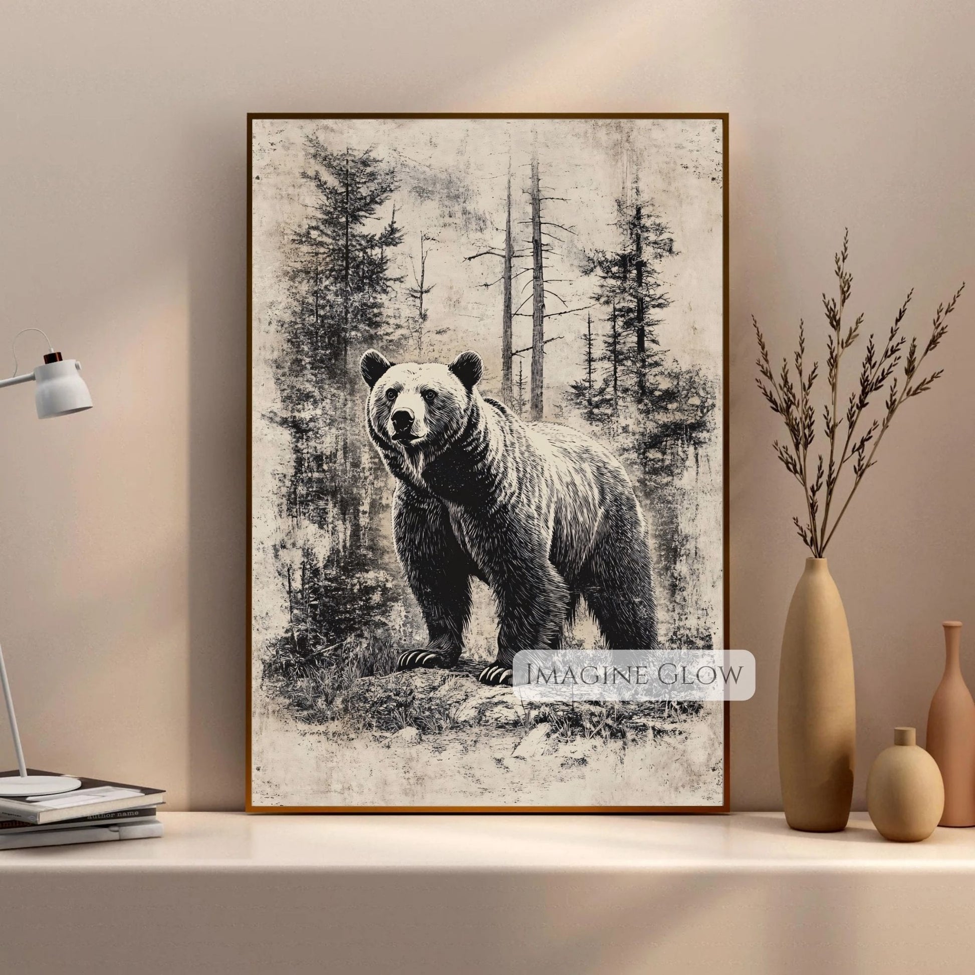 Majestic bear in forest vintage wildlife art.