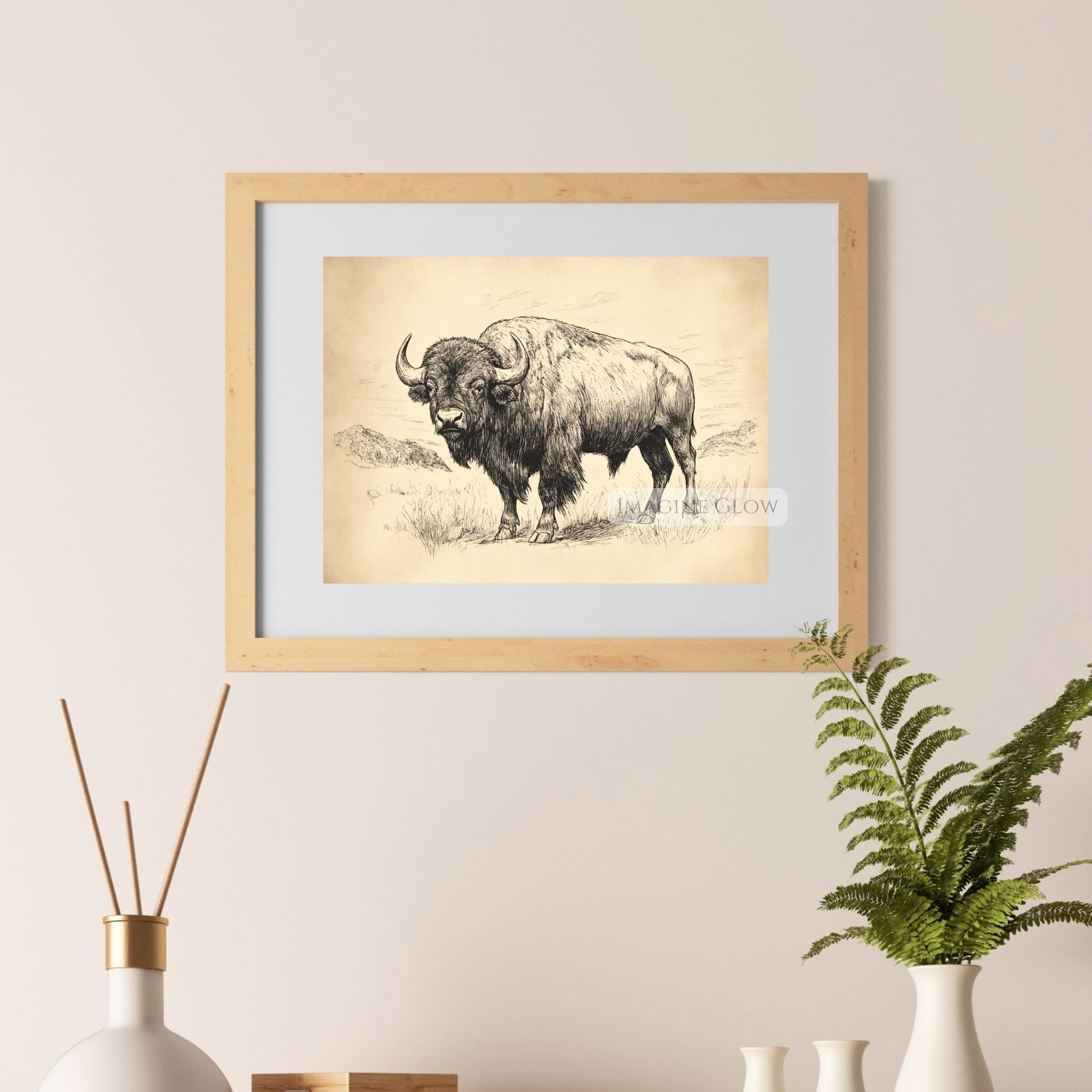 Black and white buffalo sketch wall art.