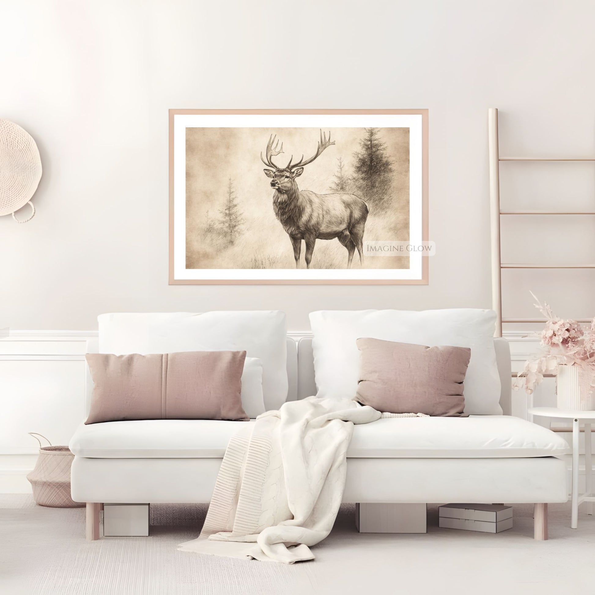 Black-and-white wildlife stag sketch for office and home walls.