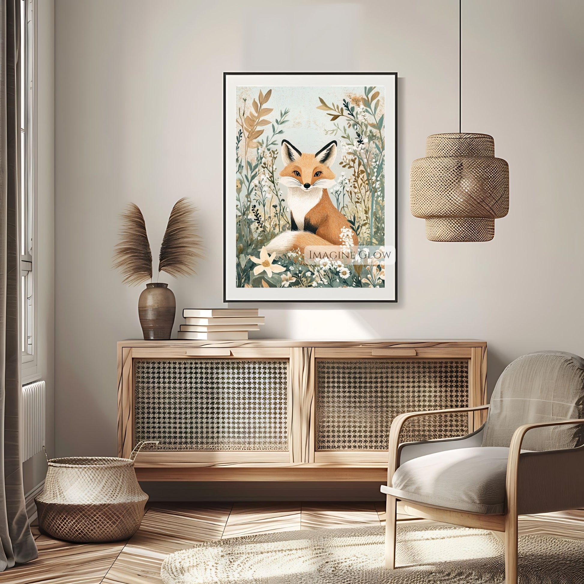 Artistic fox in a meadow of wildflowers wall art.