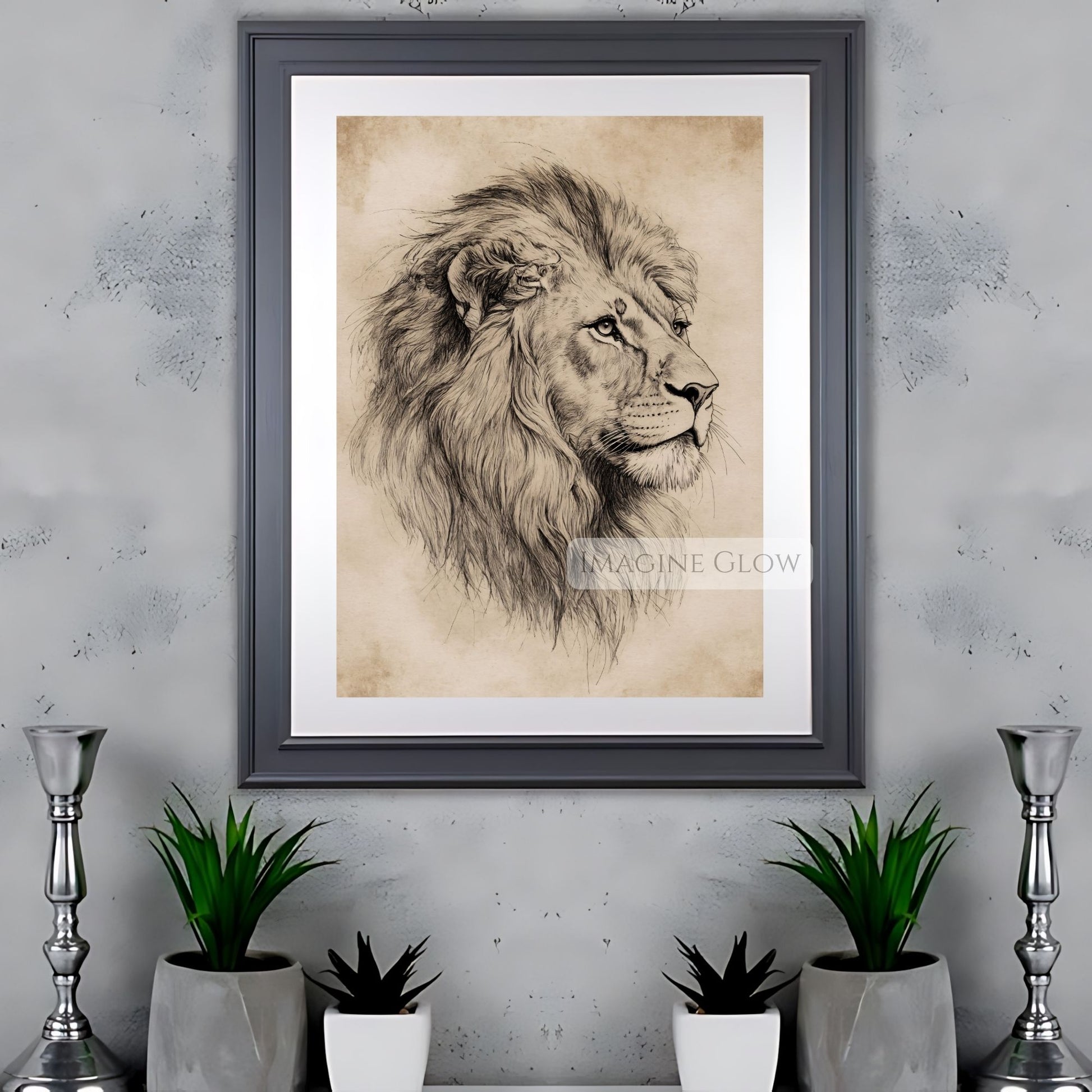 Detailed vintage lion sketch for safari lovers’ wall art.