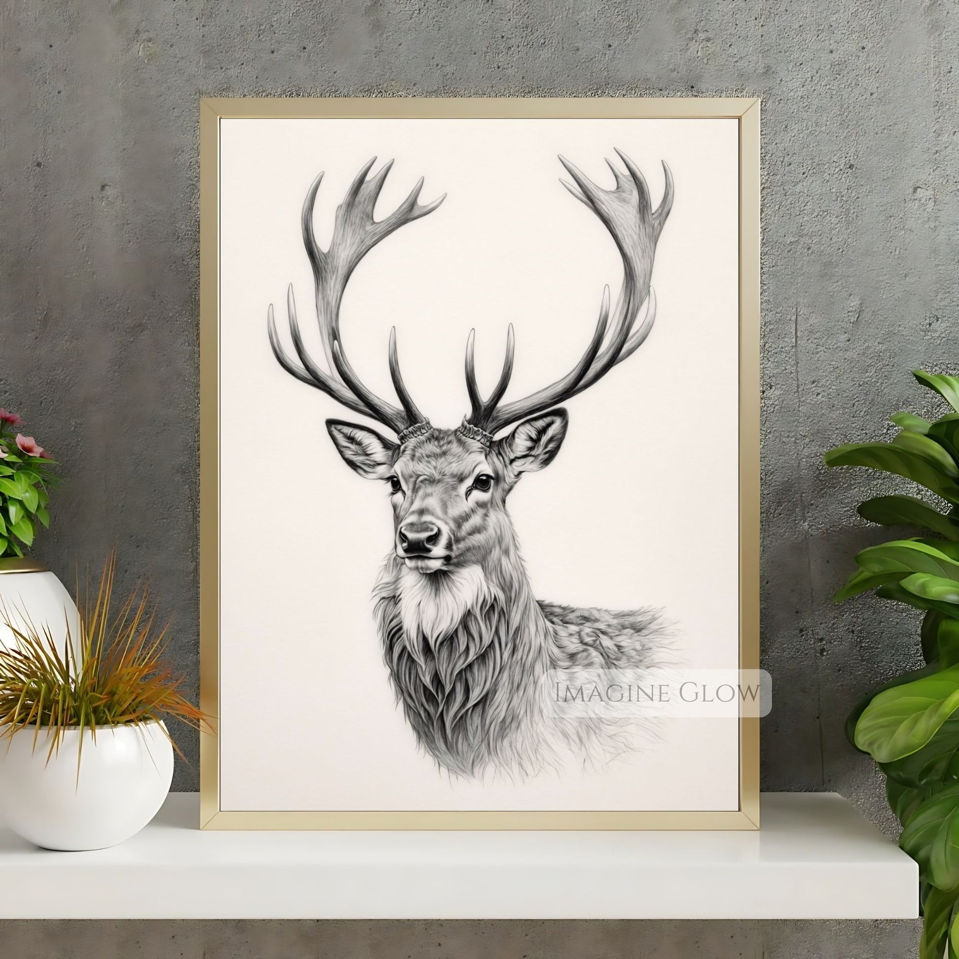Vintage stag sketch art print in pencil.