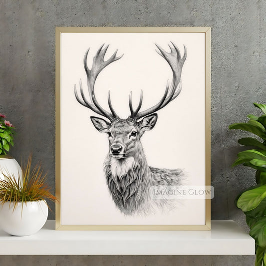 Vintage stag sketch art print in pencil.