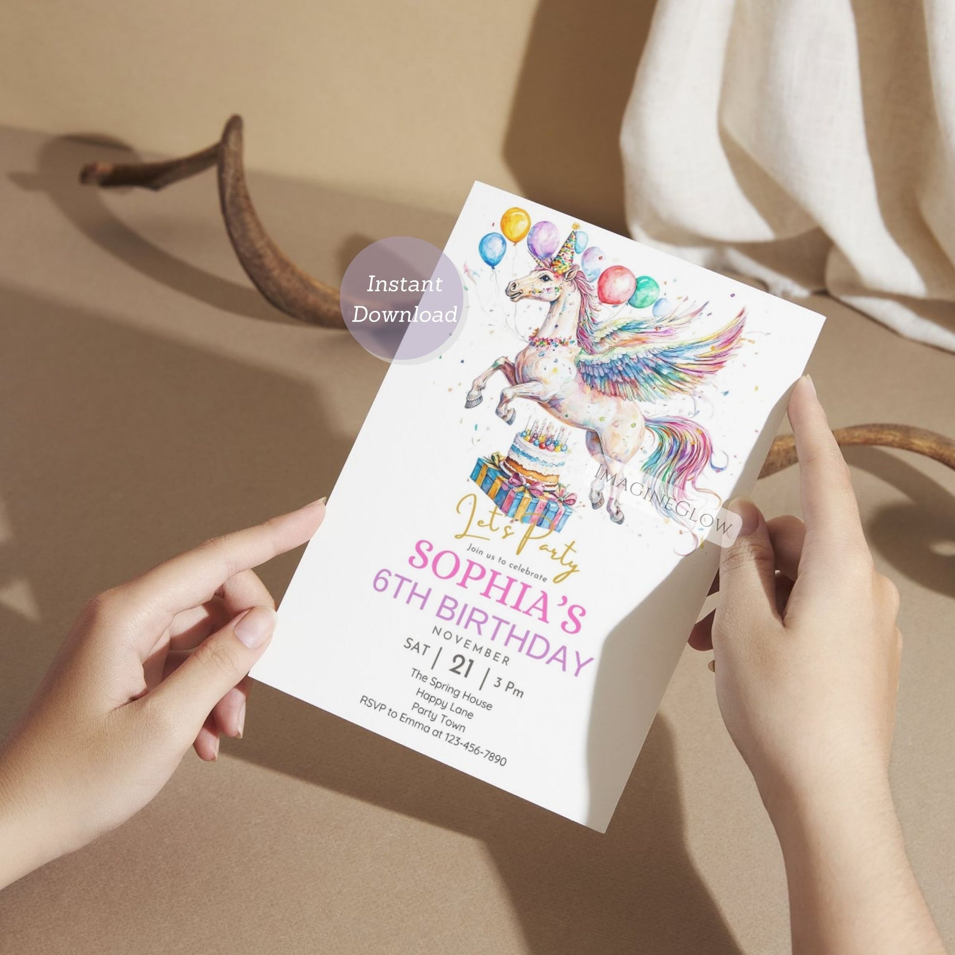 Dreamy Pegasus magical birthday party invitation