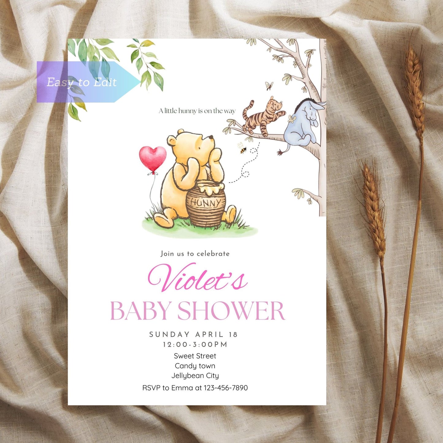 Winnie the Pooh baby shower invitation with "A Little Hunny on the Way."