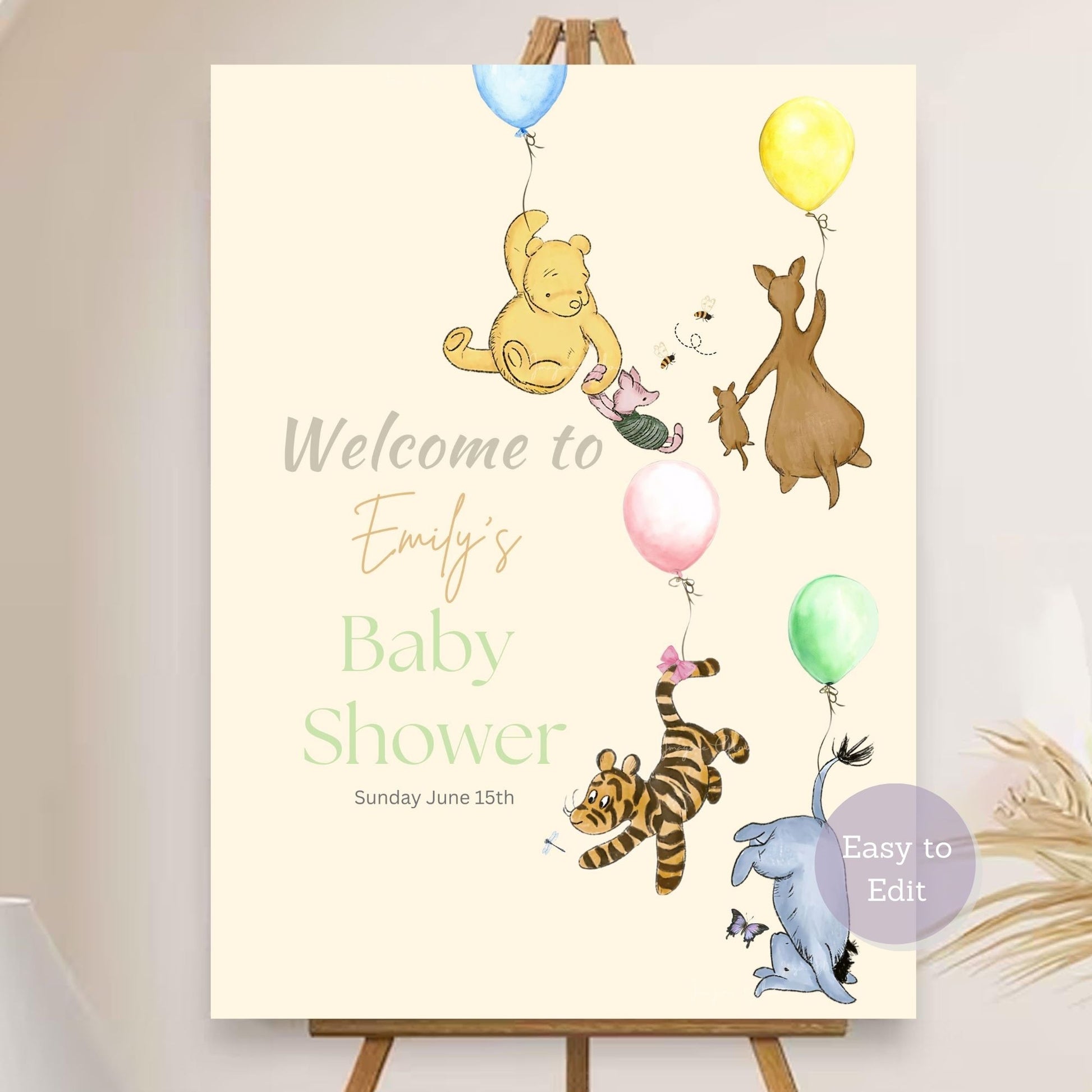 Winnie the Pooh baby shower welcome sign with balloon design.