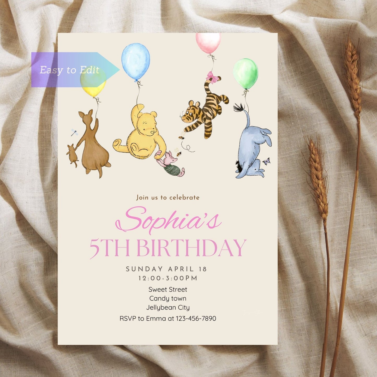 Gender-neutral Winnie the Pooh birthday invite with balloon illustration.