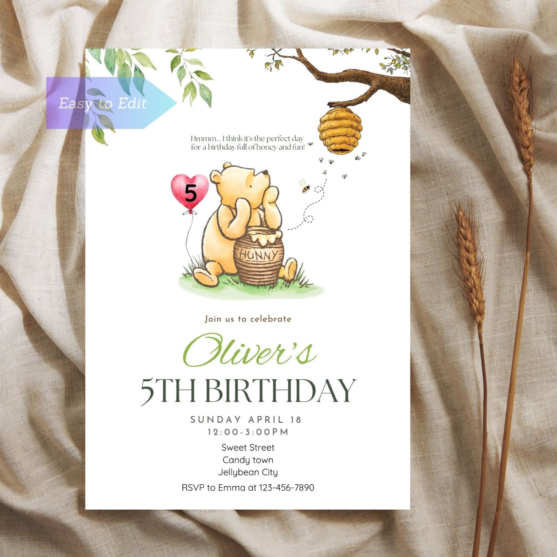 Winnie the Pooh birthday invite featuring an age balloon design.