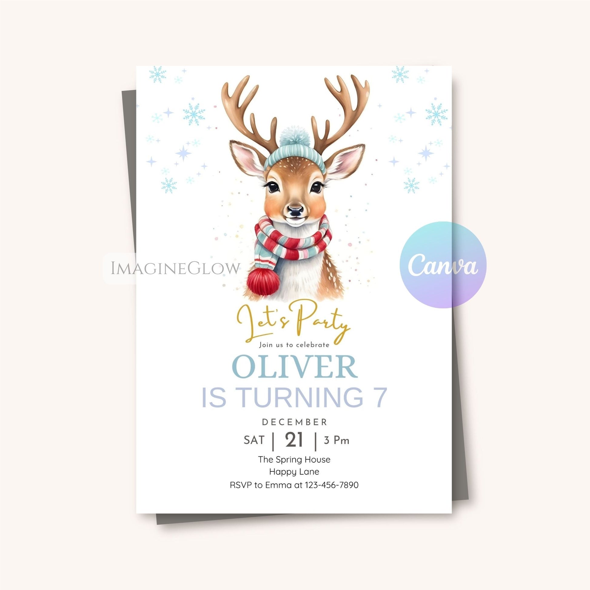 Invitation card with a deer wearing a hat and scarf on a white background