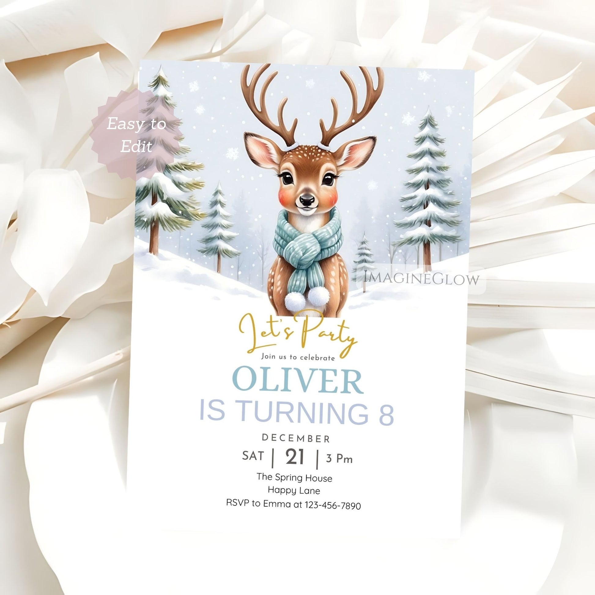 Birthday invitation card with a reindeer design on a snowy background