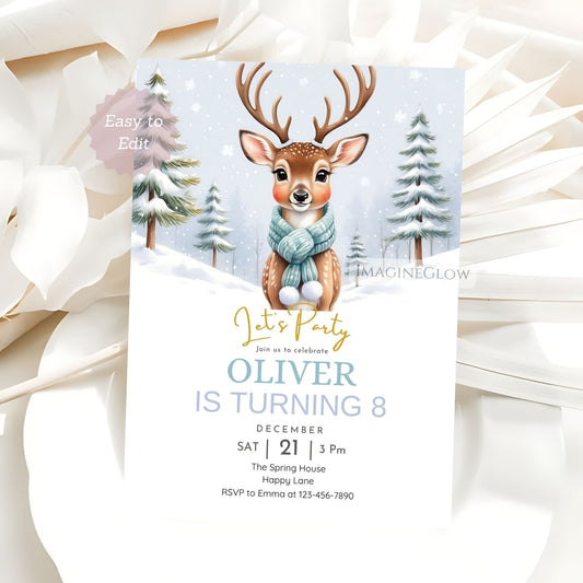 Birthday invitation card with a reindeer design on a snowy background