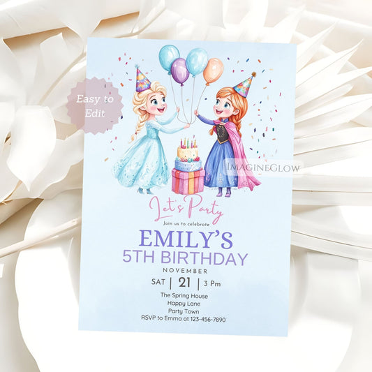 Birthday party invitation with two animated characters, balloons, and a cake on a light blue background.