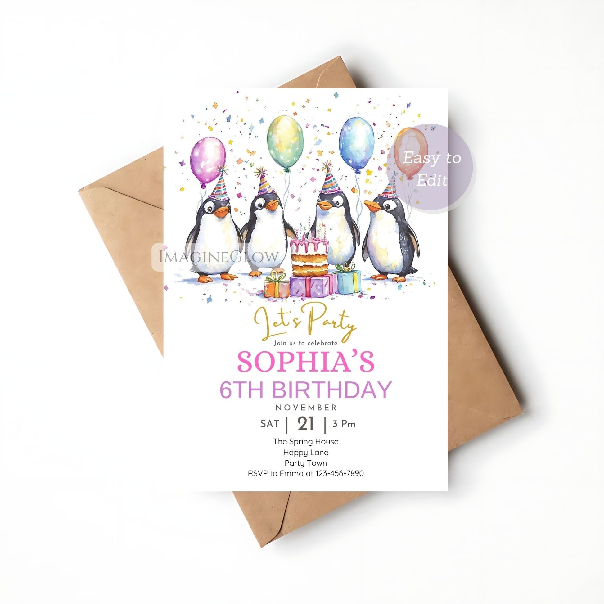 Winter-themed penguin party invite