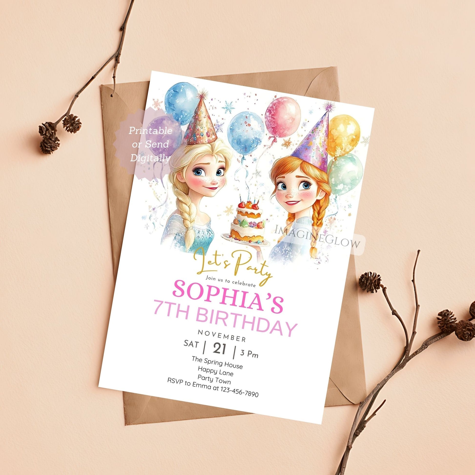 Frozen birthday invitation with Elsa and Anna theme