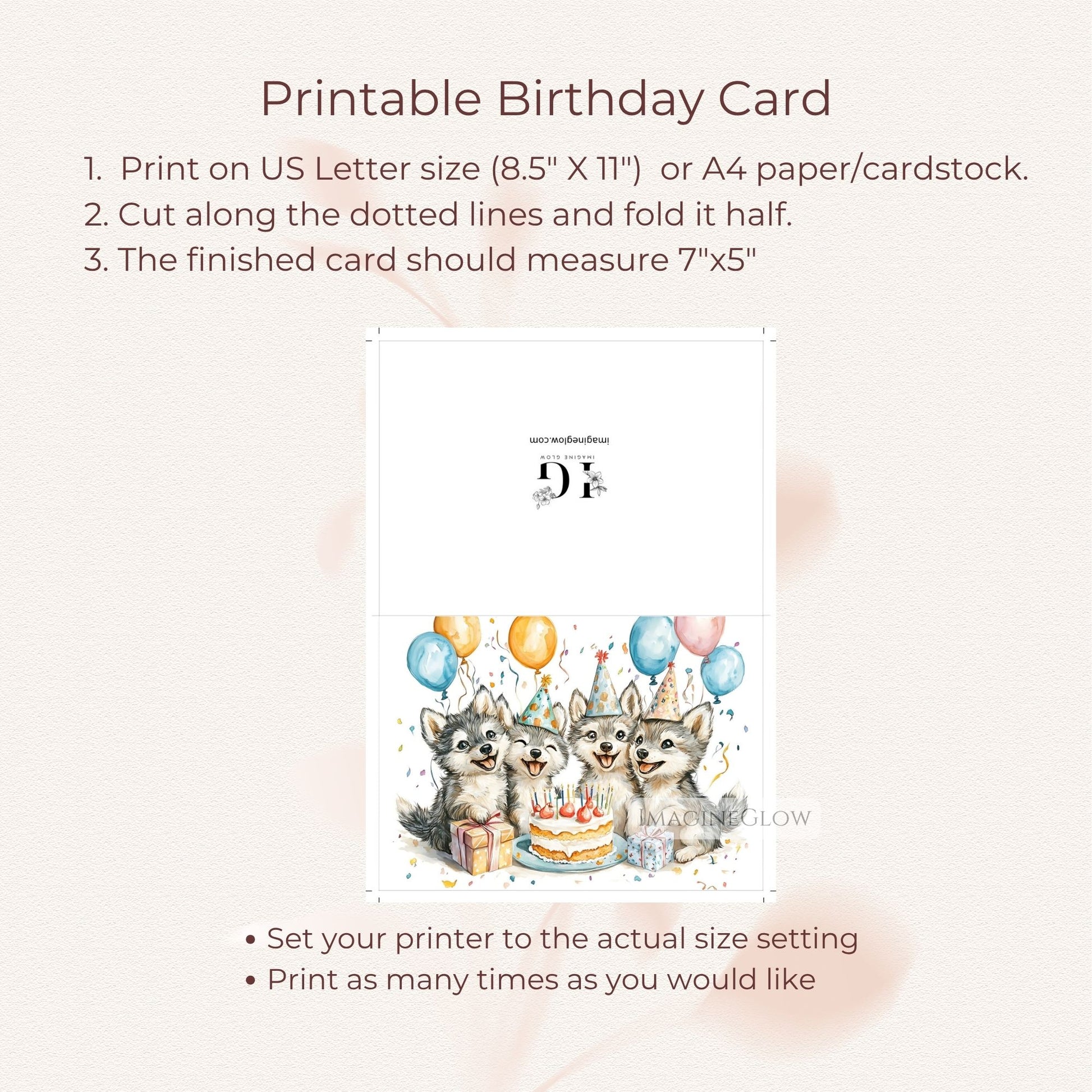 Nature inspired wolf card
Wolf birthday card for kids
Wolf party printable card